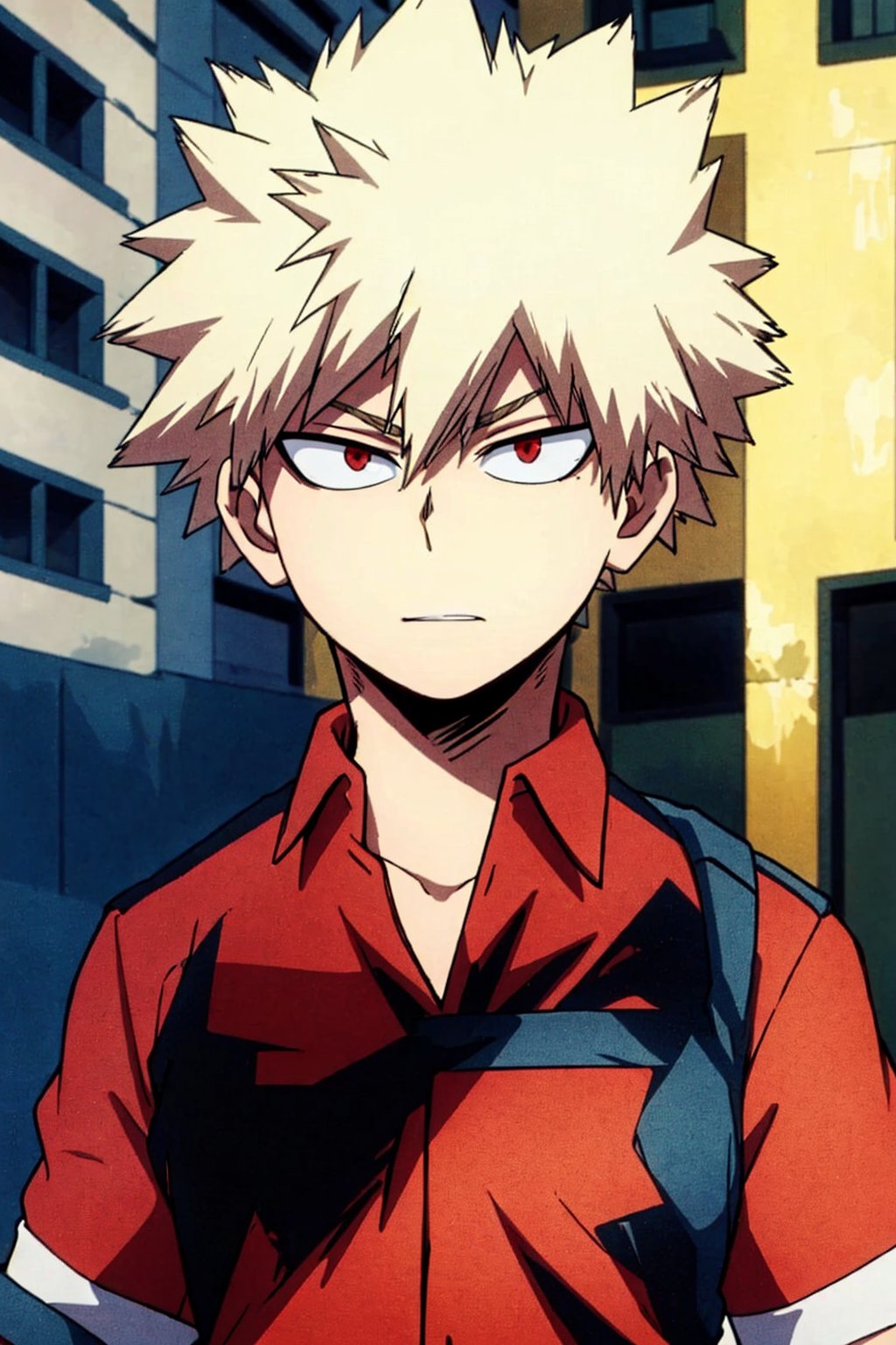 1boy,Blonde hair, Short hair ,Red eyes, short hair, red shirt, street, upper body 