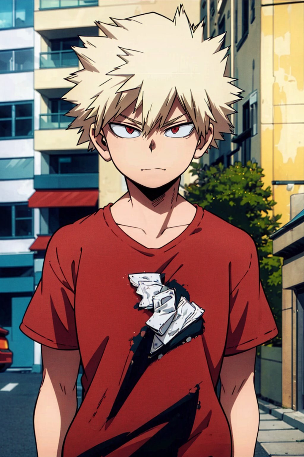 1boy,Blonde hair, Short hair ,Red eyes, short hair, red shirt, standing, street, upper body 