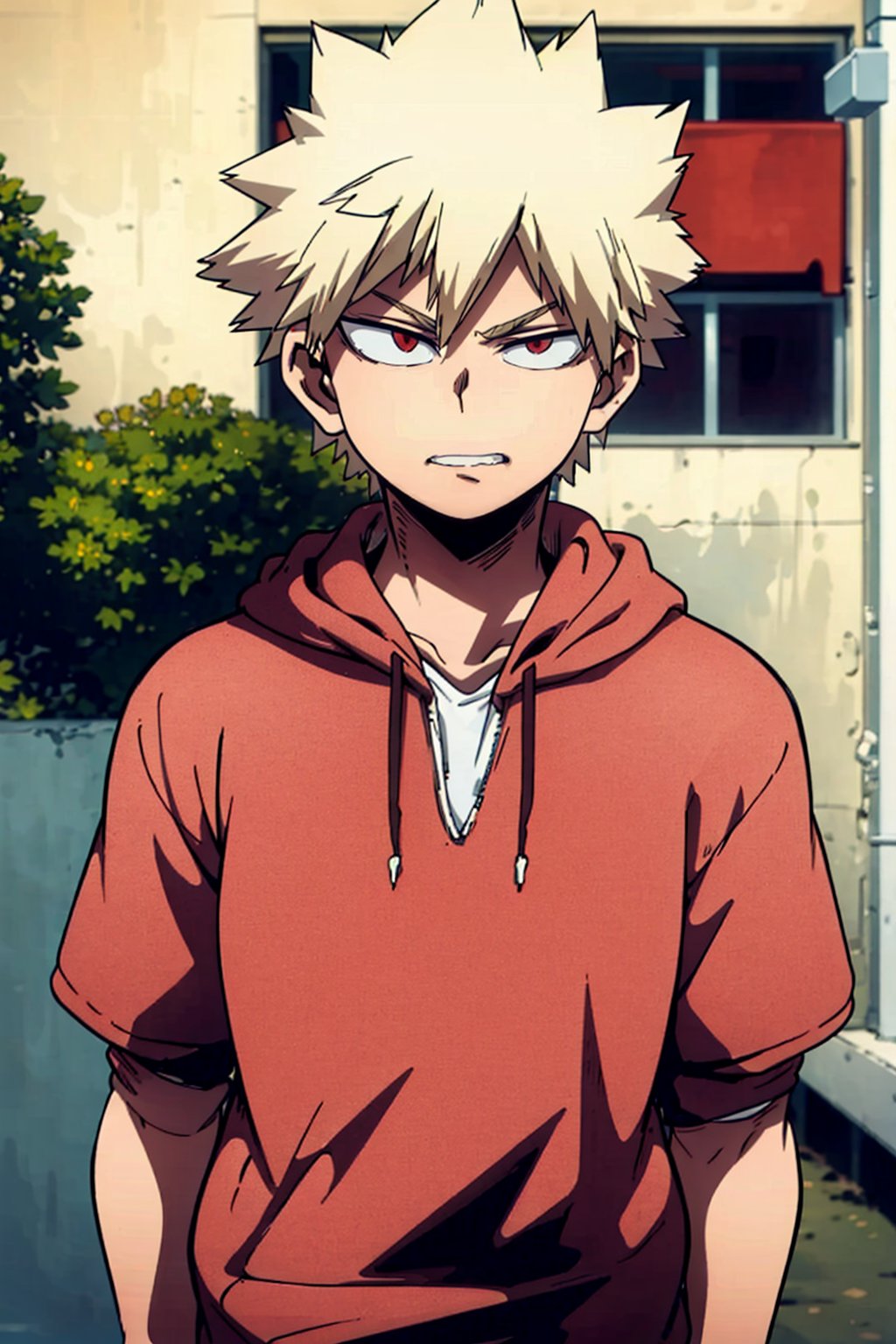 1boy,Blonde hair, Short hair ,Red eyes, short hair, red hoodie, street, walking, upper body 