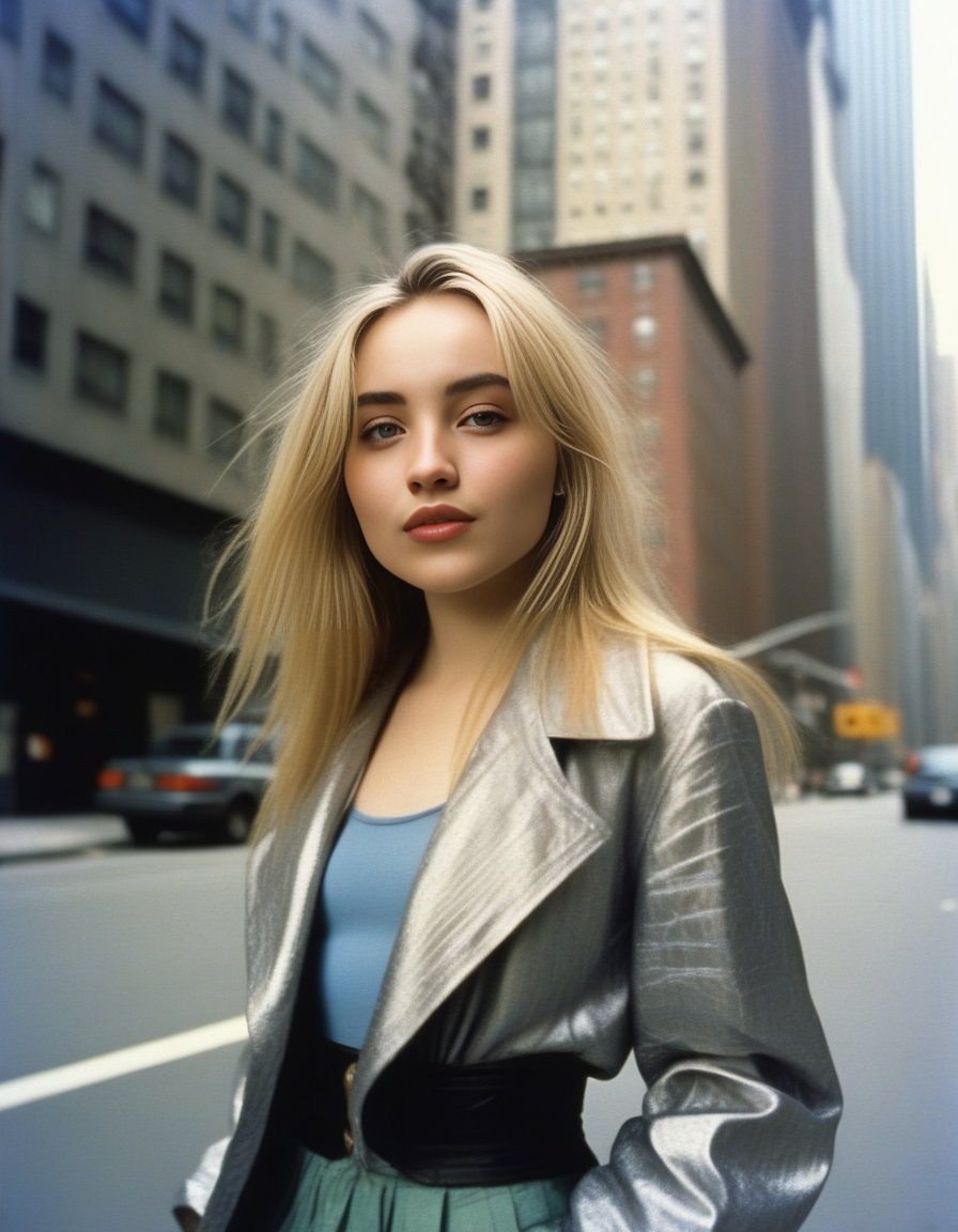 SabrinaCarpenter,<lora:SabrinaCarpenterSDXL:1>In the gritty streets of 1990 Manhattan, a street-style photograph captures the essence of grunge fashion embodied by a woman standing confidently in front of a sleek silver high-rise building. Her blonde hair, fashioned in the quintessential 90s bob, exudes an air of nonchalant rebellion reminiscent of the era's fashion trends