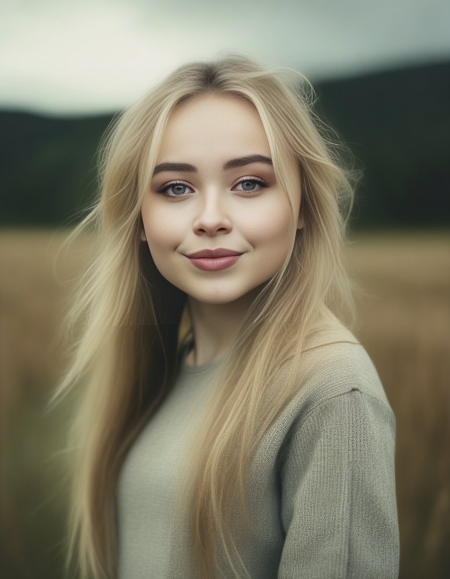 SabrinaCarpenter,<lora:SabrinaCarpenterSDXL:1>Portrait of a young beautiful Norwegian girl on a field, overcast with natural illumination, outdoors, highly detailed, realistic textures