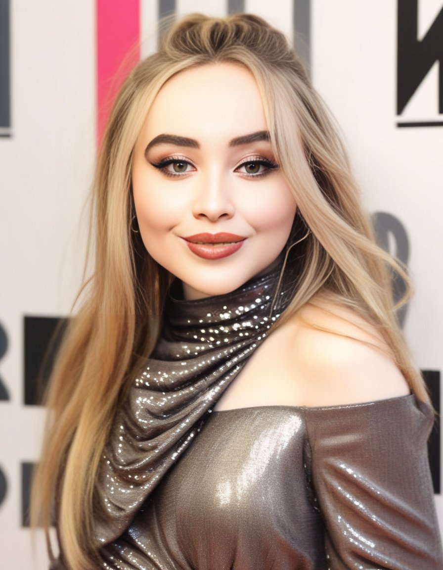 SabrinaCarpenter,<lora:SabrinaCarpenterSDXL:1>The image features a beautiful woman wearing a dark grey sequin dress, which is adorned with bronze sequins. She is posing for the camera, with her hand on her chin, lipstick, and her long hair is styled in a ponytail. The woman appears to be confident and poised, showcasing her elegant attire and striking appearance.