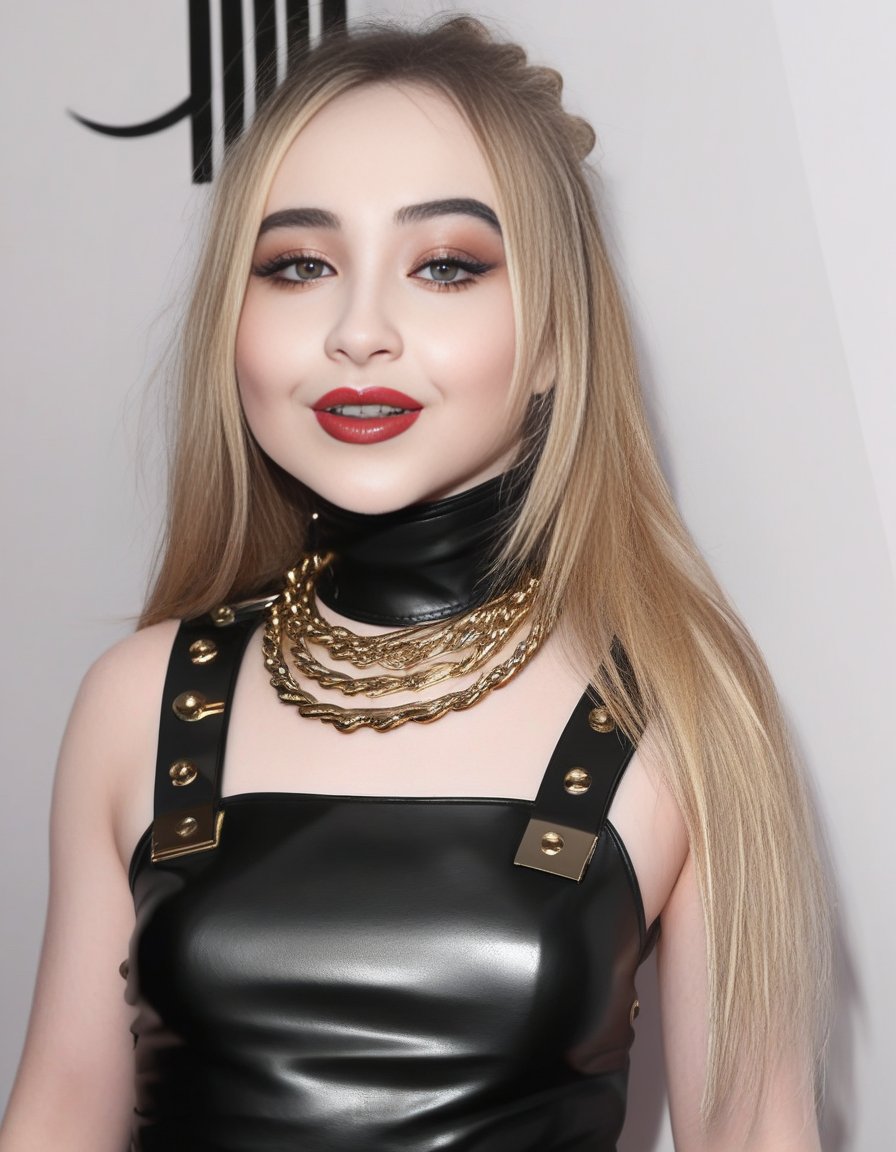 SabrinaCarpenter,<lora:SabrinaCarpenterSDXL:1>, a woman in a black leather dress with a choker, wearing steel collar, slave collar, choker, wearing detailed leather collar, black leather choker, choker on neck, wearing choker, choker around neck, wearing black choker, wearing collar, wearing gold detailed choker, wearing collar on neck, collar on neck, piercings collar, steel choker