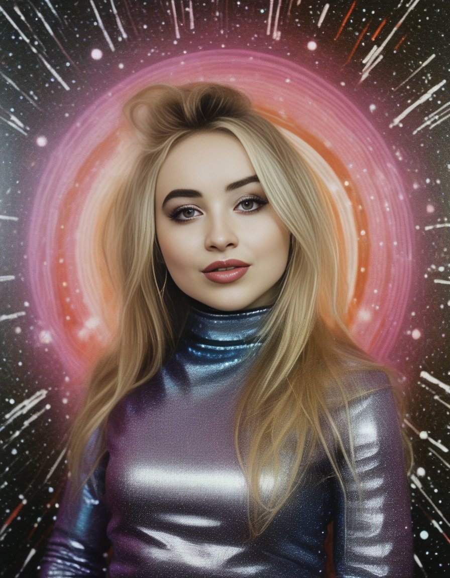 SabrinaCarpenter, art by Brian Bolland, photograph, Stupid curvy Girl surrounded by Interplanetary magnetic field, Bokeh, Screen print, Queercore Art, film grain, Canon R5, telephoto lens, High quality, <lora:SabrinaCarpenterSDXL:1>