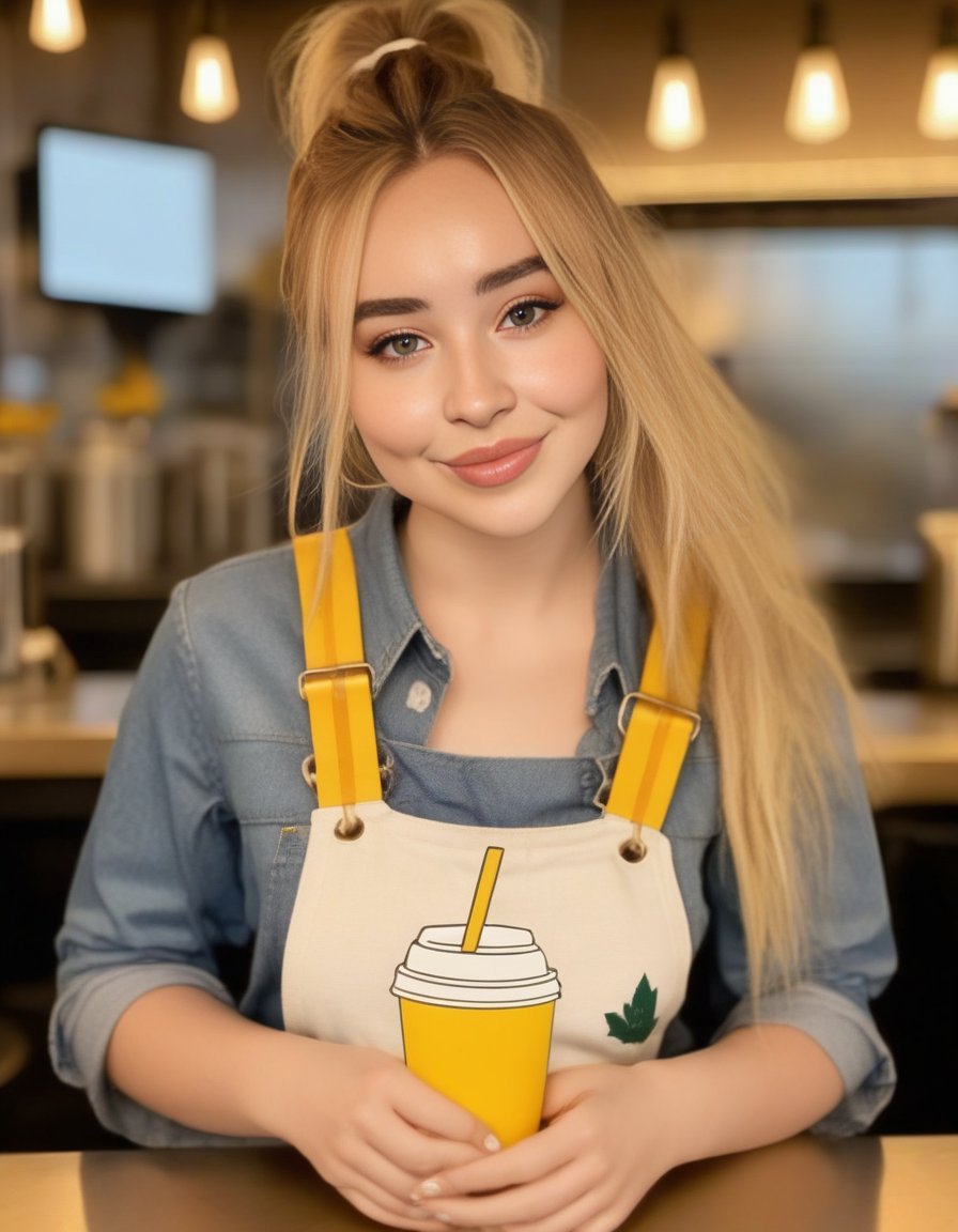 SabrinaCarpenter,<lora:SabrinaCarpenterSDXL:1>Create an image of a young woman with a friendly and inviting expression, standing in a starbuck cafe setting during the evening. Her hair is styled in two playful buns secured with yellow bands, and she is holding a starbuck coffee cup. She wears a white tank top beneath denim overalls, which gives her a relaxed and contemporary look. The background should be softly blurred with warm lights to create a bokeh effect, suggesting the buzz of city life around her. The lighting in the image should cast a gentle glow, highlighting her features and the details of her outfit.