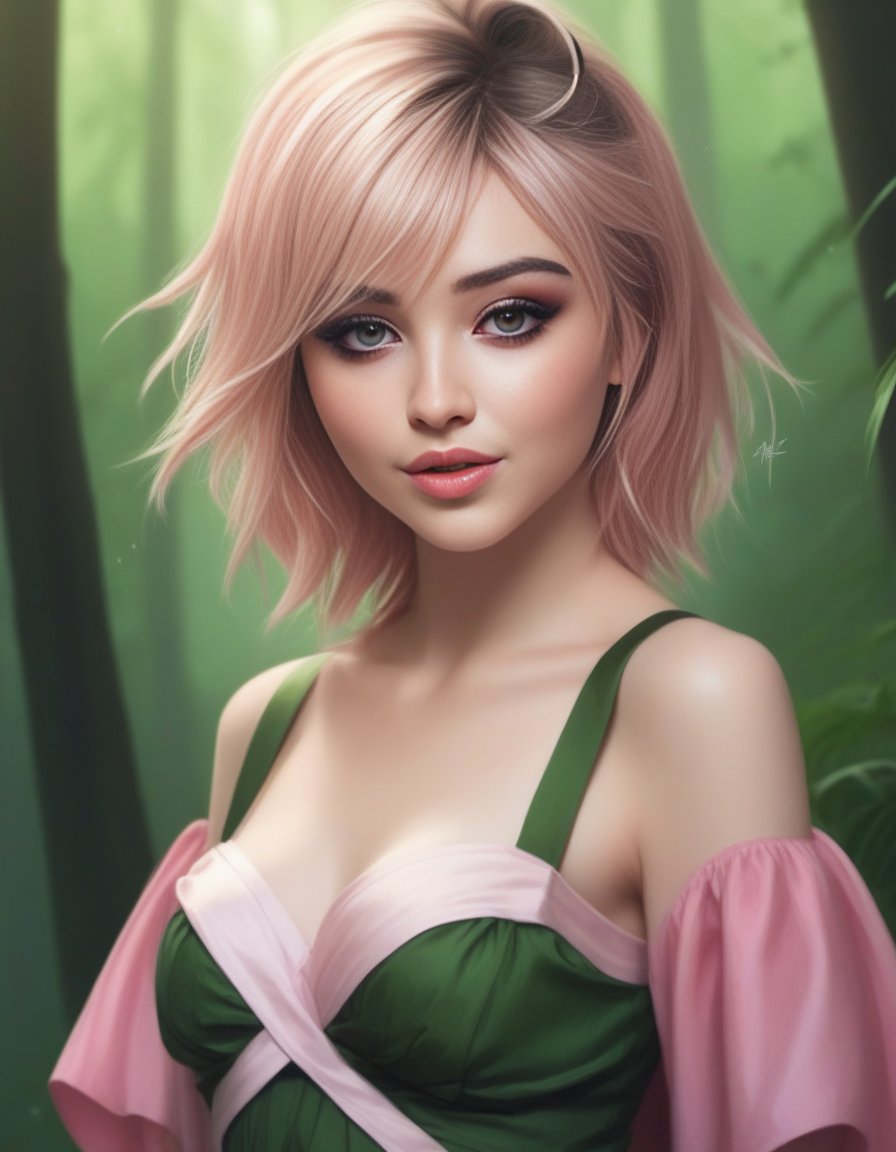 SabrinaCarpenter,<lora:SabrinaCarpenterSDXL:1>Anime portrait by WLOP and Artgerm, trending on artstation, (masterpiece, best quality), 1girl, pixie, in a fantasy forest, green Short Wavy Hair with, Size DD breasts, pink Corset top and Ruffled mini skirt kneehighs,