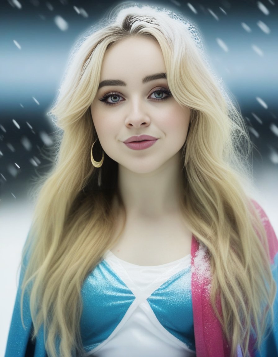 SabrinaCarpenter,<lora:SabrinaCarpenterSDXL:1> photograph, Compelling athletic Female cosplaying as Freyja, Snowing, Iphone X, Low shutter