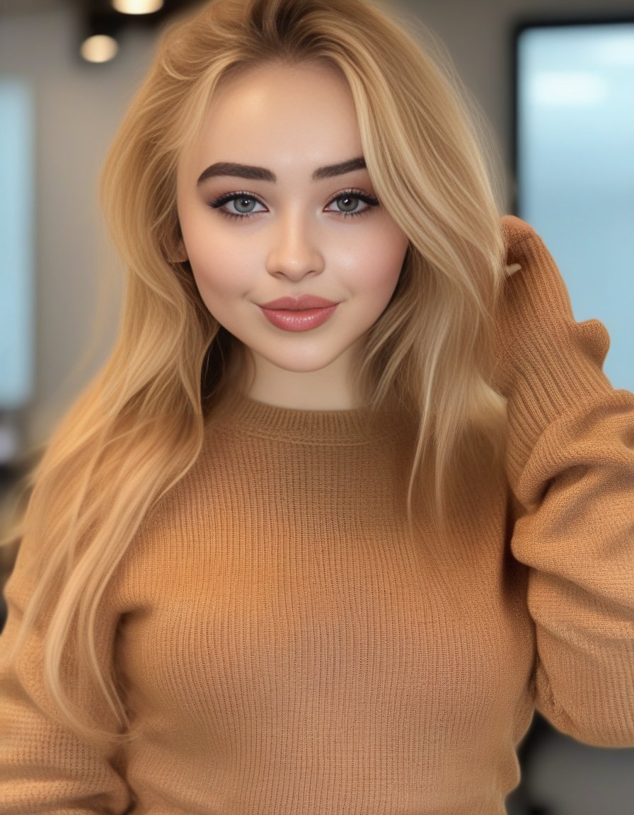 SabrinaCarpenter,<lora:SabrinaCarpenterSDXL:1>,masterpiece,beautiful,extremely detailed,(ultra high res),(8k UHD best quality), (realistic, photo-realistic:1.37), depth_of,field, blurry_background, photo_inset,Dramatic lighting,reference_inset,photo_background,brown_eyes,photorealistic,looking_at_viewer,1girl,shiny skin,detailed skin,(((sweater)))