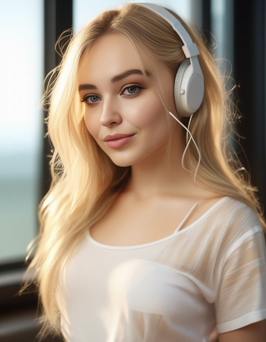 SabrinaCarpenter,<lora:SabrinaCarpenterSDXL:1>gorgeous young Swiss girl sitting by window with headphones on, wearing white bra with translucent shirt over, soft lips, beach blonde hair, octane render, unreal engine, photograph, realistic skin texture, photorealistic, hyper realism, highly detailed, 85mm portrait photography, award winning, hard rim lighting photography–beta –ar 9:16 –s 5000 –testp –upbeta –upbeta –upbeta