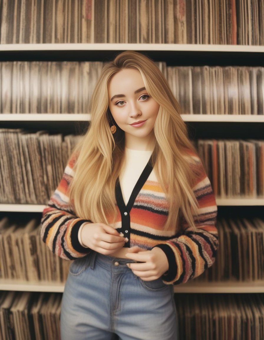 SabrinaCarpenter,In a room lined with floor-to-ceiling shelves overflowing with vinyl records, a woman in a retro cardigan browses her collection, finger tracing the grooves of a jazz album. The camera focuses on the intricate artwork on the sleeves, hinting at untold stories and musical escapes. As she puts on a crackling record, the warmth of the melody fills the room, and her eyes dance with the rhythm, reflecting a deep connection to her musical haven.<lora:SabrinaCarpenterSDXL:1>