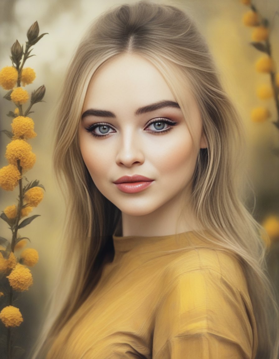 SabrinaCarpenter,<lora:SabrinaCarpenterSDXL:1>Girl with beautiful sad eyes on the background of flowering garden. earthy tone and yellow colors (glamour by Dior). Hyperrealistic, real, art, photography, realistic, masterpieces, high quality, best quality, official art, beautiful, aesthetic, highly detailed, intricate, sharp focus, digital art, [style by Luis Royo and Fabian Perez], fine charcoal , pencil sketch, stencil layered resin, 16k, UHD, HDR, (Masterpiece: 1. 5), (best quality: 1. 5)