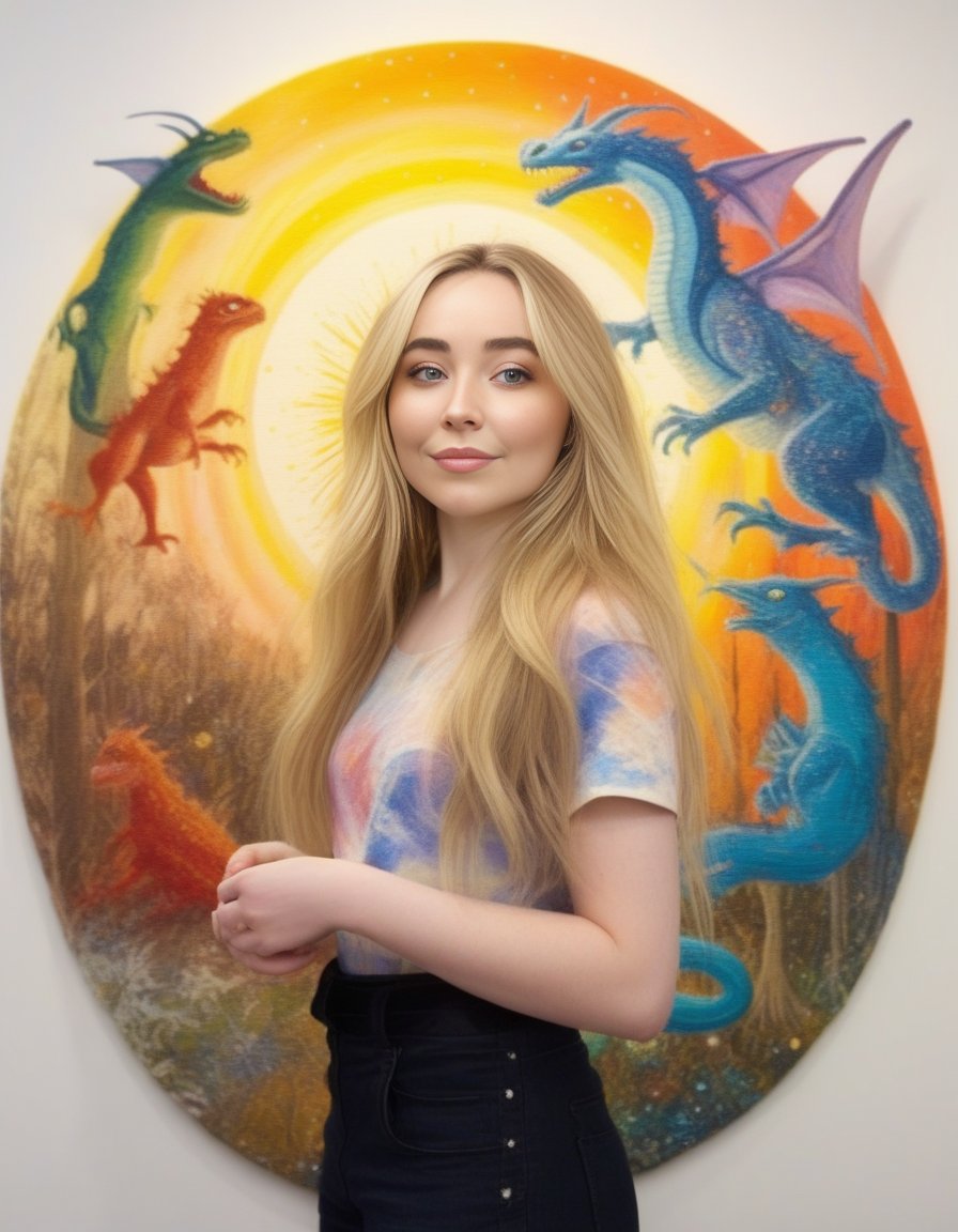 SabrinaCarpenter,In a sun-drenched studio, a woman wields a brush like a wand, summoning fantastical creatures onto canvas. The camera delves into the swirling colors, where dragons chase constellations and trees sing with the voices of birds. As she steps back, her eyes filled with childlike wonder, the camera reveals a portal to her inner world, a vibrant tapestry woven from imagination and the secret whispers of her soul.<lora:SabrinaCarpenterSDXL:1>