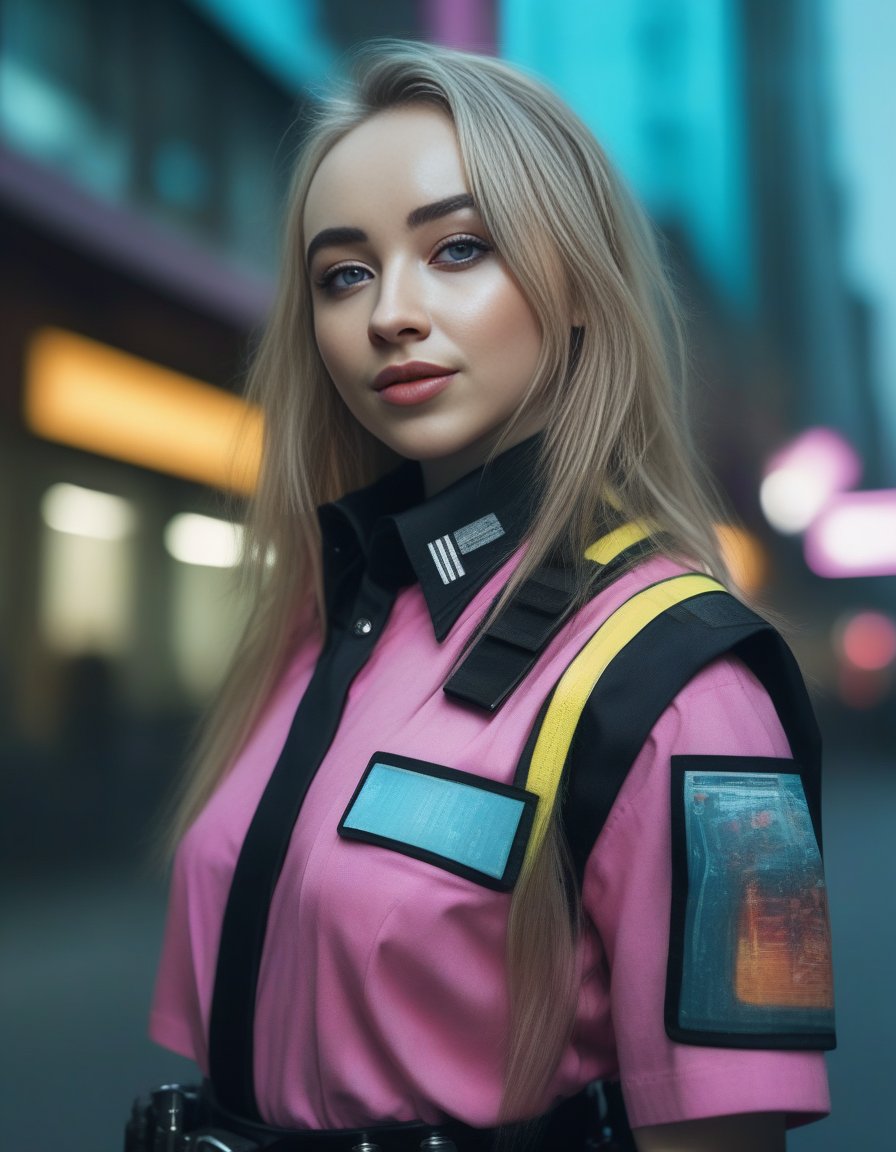 SabrinaCarpenter,<lora:SabrinaCarpenterSDXL:1> (8k, RAW photo, best quality, masterpiece:1.2), (realistic, photo-realistic:1.37), ultra highres, depth of field, chromatic aberration, caustics, Broad lighting, natural shading,Fujifilm XT3,ultra detailed,cyberpunk uniform,1girl, solo,standing, looking at viewer, outdoors,street