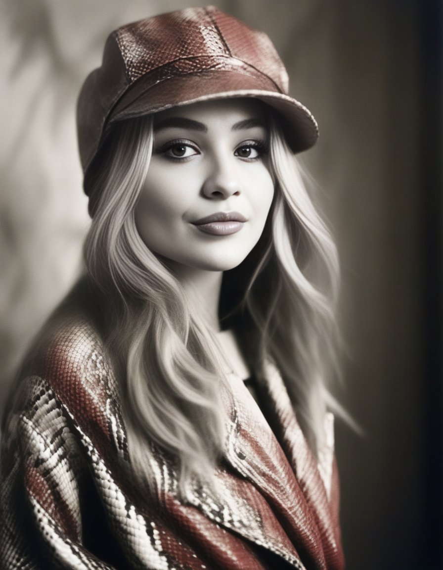 SabrinaCarpenter, photograph, [Old|Gentle] voluptuous Female of Elements, wearing Average Snakeskin Red Trapper hat, Winter, tilt shift, Movie still, Suffering, moody lighting, Ilford HP5, Depth of field 100mm, art by Giorgio de Chirico, <lora:SabrinaCarpenterSDXL:1>