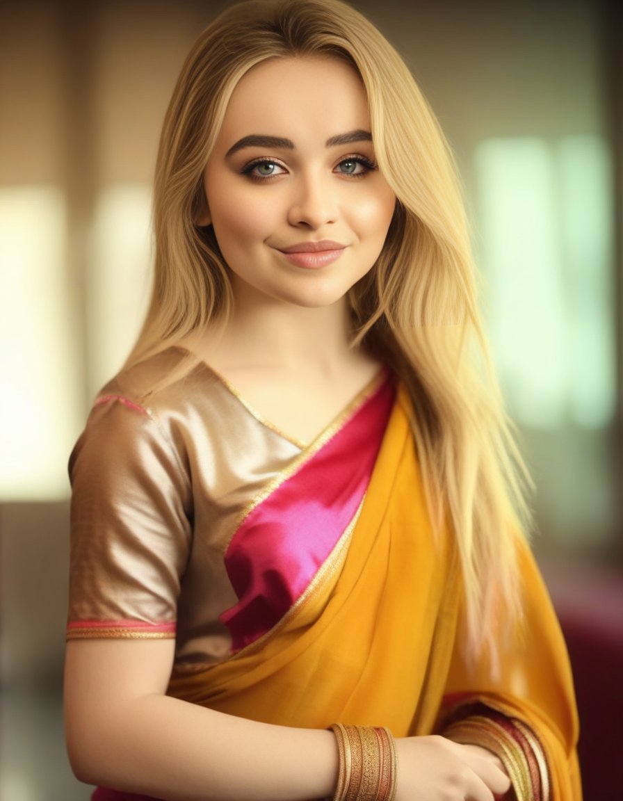 SabrinaCarpenter,<lora:SabrinaCarpenterSDXL:1>,woman wearing saree, background blur, portrait, sharp, detailed, uhd, realistic, masterpiece