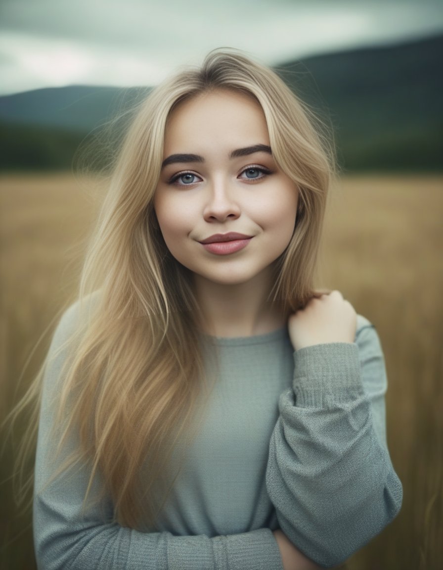 SabrinaCarpenter,<lora:SabrinaCarpenterSDXL:1>Portrait of a young beautiful Norwegian girl on a field, overcast with natural illumination, outdoors, highly detailed, realistic textures