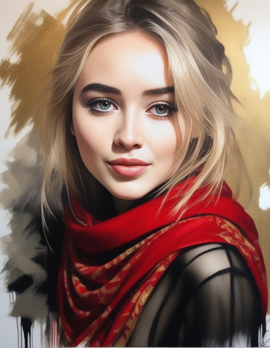 SabrinaCarpenter,<lora:SabrinaCarpenterSDXL:1>breathtaking portrait of a gorgeous girl, sultry, red scarf, dark gold and black, gossamer fabrics, jagged edges, eye-catching detail, insanely intricate, vibrant light and shadow , beauty, paintings on panel, textured background, captivating, stencil art, style of oil painting, modern ink, watercolor , brush strokes, negative white space