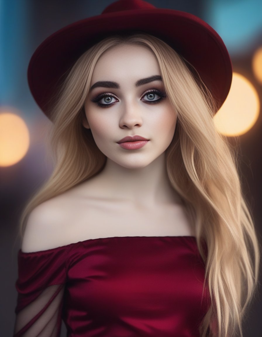 SabrinaCarpenter,<lora:SabrinaCarpenterSDXL:1>professional portrait, goth girl, Megara from Hercules, a girl wearing an dark red top, gorgeous figure, interesting shapes, hyper realistic, ultra detailed photograph, wearing an off shoulder slim sweter, detailed gorgeous face, natural body posture, captured with a 85mm lens,  bokeh, ultra detailed, ultra accurate detailed, bokeh lighting, surrealism, urban settin, ultra unreal engine, intricate, epic, freckles, goth style mood, dark eye makeup, in the style of jessica drossin, dima dmitriev, life-size figures,