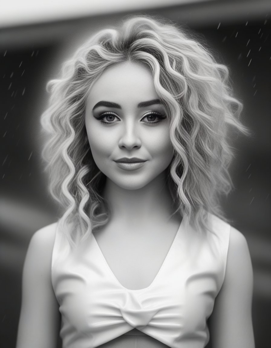 SabrinaCarpenter, photograph, stylized, zoomed out of a Lifeless Resourceful Woman, wearing Mind reader Cheerleader uniform, Fur-Trimmed Twist out hairstyle, Raining, behance, Canon 5d mark 4, Zoom lens, BW, <lora:SabrinaCarpenterSDXL:1>