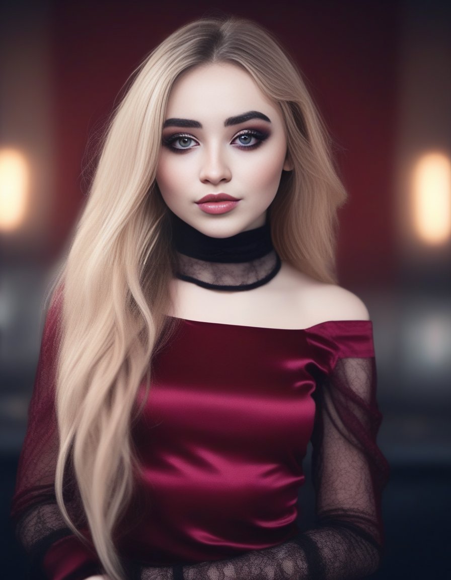 SabrinaCarpenter,<lora:SabrinaCarpenterSDXL:1>professional portrait, goth girl, Megara from Hercules, a girl wearing an dark red top, gorgeous figure, interesting shapes, hyper realistic, ultra detailed photograph, wearing an off shoulder slim sweter, detailed gorgeous face, natural body posture, captured with a 85mm lens,  bokeh, ultra detailed, ultra accurate detailed, bokeh lighting, surrealism, urban settin, ultra unreal engine, intricate, epic, freckles, goth style mood, dark eye makeup, in the style of jessica drossin, dima dmitriev, life-size figures,