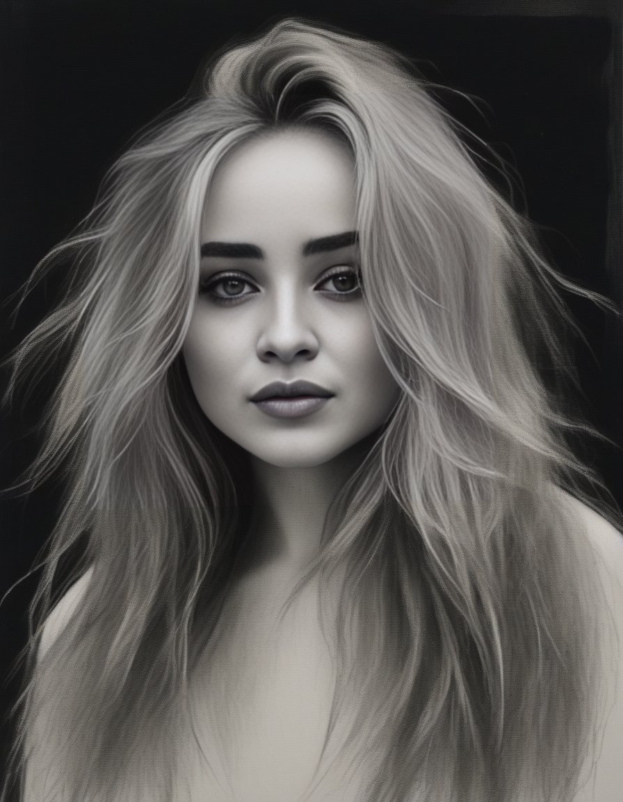 SabrinaCarpenter,<lora:SabrinaCarpenterSDXL:1>A portrait of  a woman with windswept hair and a gaze that pierces through the grayscale. Her eyes hold a depth of emotion, reflecting a soulful melancholy or a fierce determination. The chiaroscuro effect of the lighting accentuates the contours of her face and the texture of her disheveled hair. The black backdrop contrasts sharply with the lighter tones of her skin and coat, creating a stark yet intimate composition. Her expression, caught between intensity and vulnerability, dominates the frame, inviting the viewer to ponder the story behind her eyes.