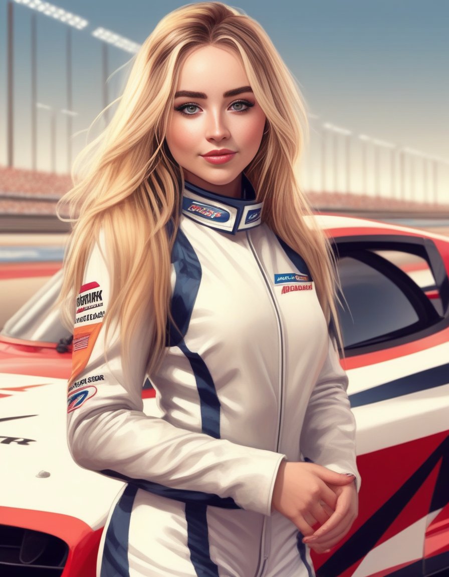 SabrinaCarpenter,<lora:SabrinaCarpenterSDXL:1> perfect anime illustration, 1girl, braided hair, medium hair, medium breasts, sidehair, racecar driver, ((firesuit, race track, car)), nascar, f1, indycar, (outdoors, speedway, track), standing next to a racing vehicle, hand on hip, good posture, looking at viewer. created by Artgerm, volumetric lighting, 8k, hdr, holga, 300mm lens f3. 5, aesthetic, unsharpened