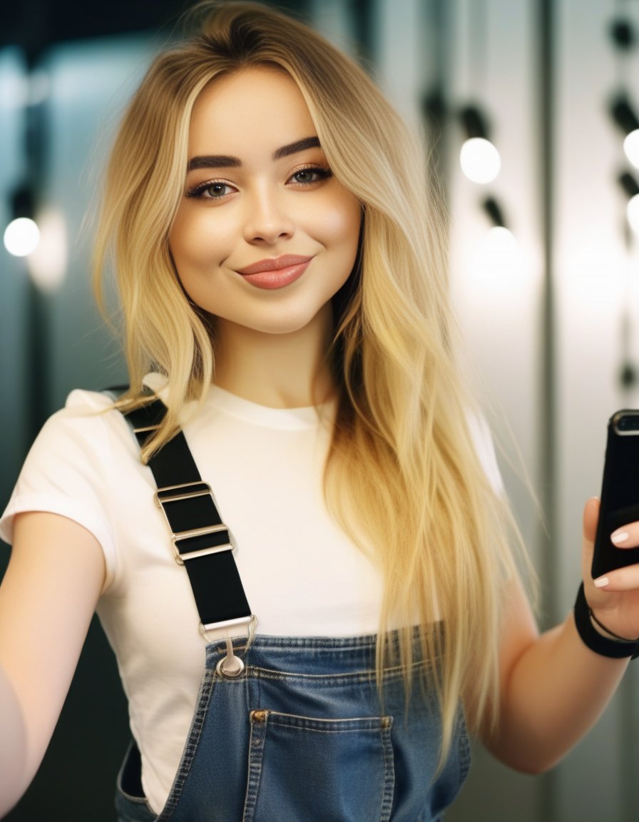 SabrinaCarpenter,<lora:SabrinaCarpenterSDXL:1>, a curvy athletic woman in black overalls is smiling and taking a selfie, white t-shirt, streak in hair, 8k uhd, dslr, soft lighting, high quality, film grain, Fujifilm XT3