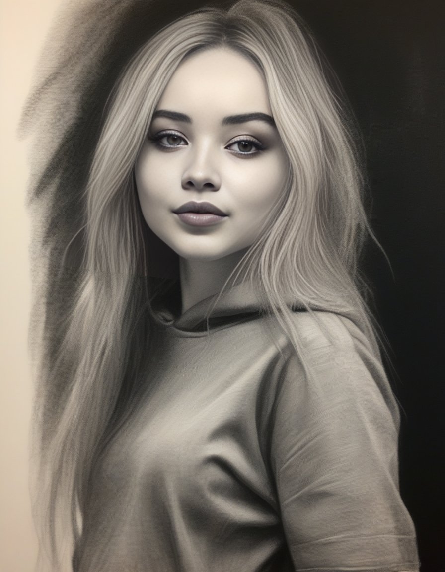 SabrinaCarpenter,<lora:SabrinaCarpenterSDXL:1>charcoal drawing of a girl by timothy, in the style of hyper-realistic sci-fi, detailed perfection, hyper-realistic details, realistic human figures, heavy use of palette knives, hyper-realistic pop, frayed