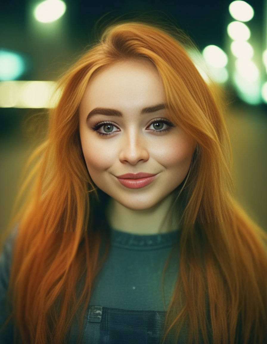 SabrinaCarpenter,<lora:SabrinaCarpenterSDXL:1>, cinematic photo (art by Mathias Goeritz:0.9) , photograph, Lush Girlfriend, looking at the camera smiling, Rich ginger hair, Winter, tilt shift, Horror, specular lighting, film grain, Samsung Galaxy, F/5, (cinematic still:1.2), freckles . 35mm photograph, film, bokeh, professional, 4k, highly detailed