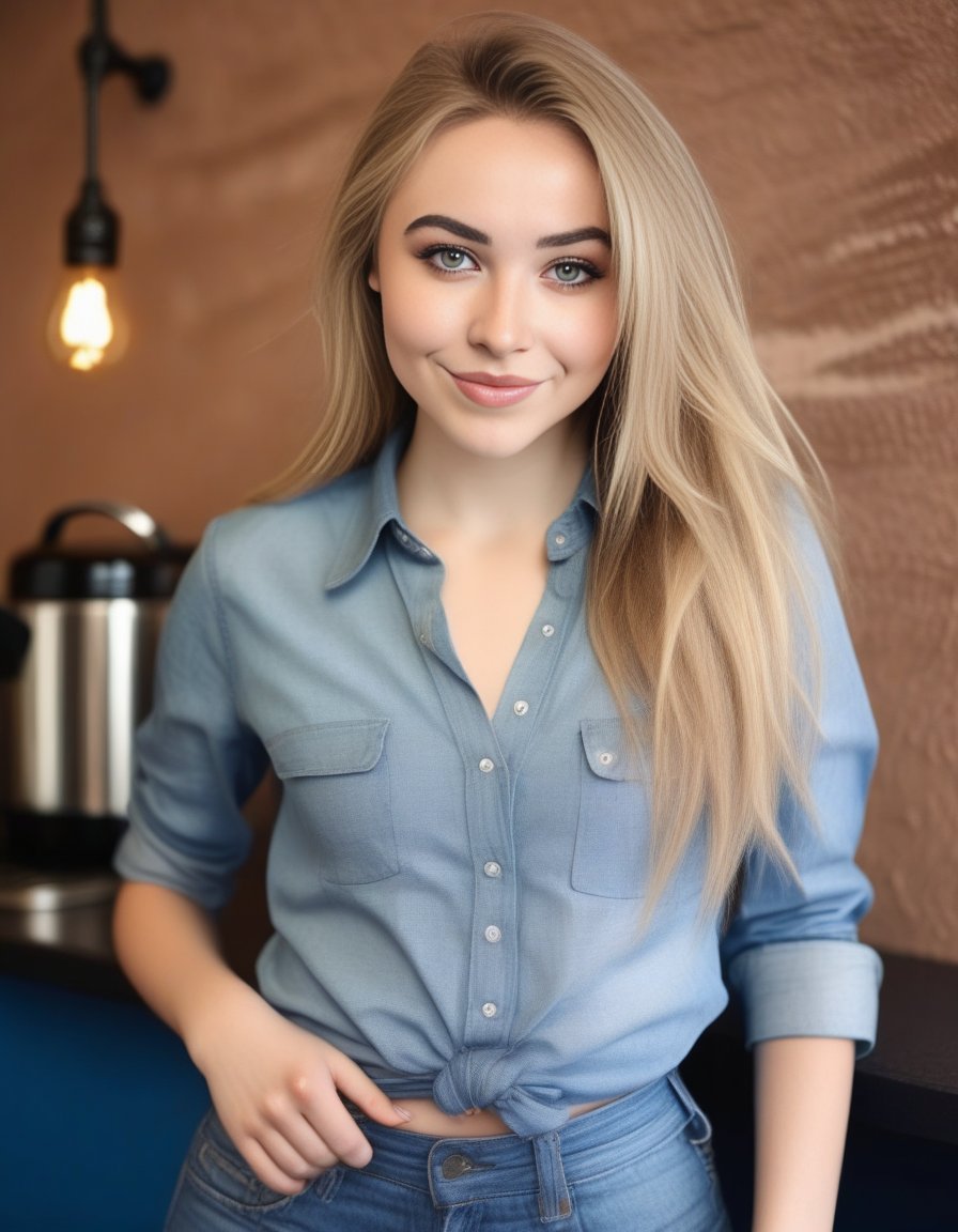 SabrinaCarpenter,<lora:SabrinaCarpenterSDXL:1>a portrait photo of skinny, slim German 25 year old business woman smiling business woman with light brown eyes and smooth hair in front full body view, topless with big full breasts, ribs, wearing wide open blue jeans blouse and trousers, head complete on photo, textured skin, coffee shop wall background, nsfw