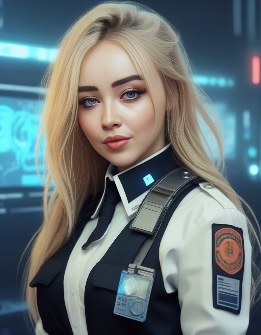 SabrinaCarpenter,<lora:SabrinaCarpenterSDXL:1>a portrait of a futuristic policewoman, Cyberpunk art by Lü Ji, trending in cg society, retrofuturism, futuristic, sci-fi, aesthetic anime