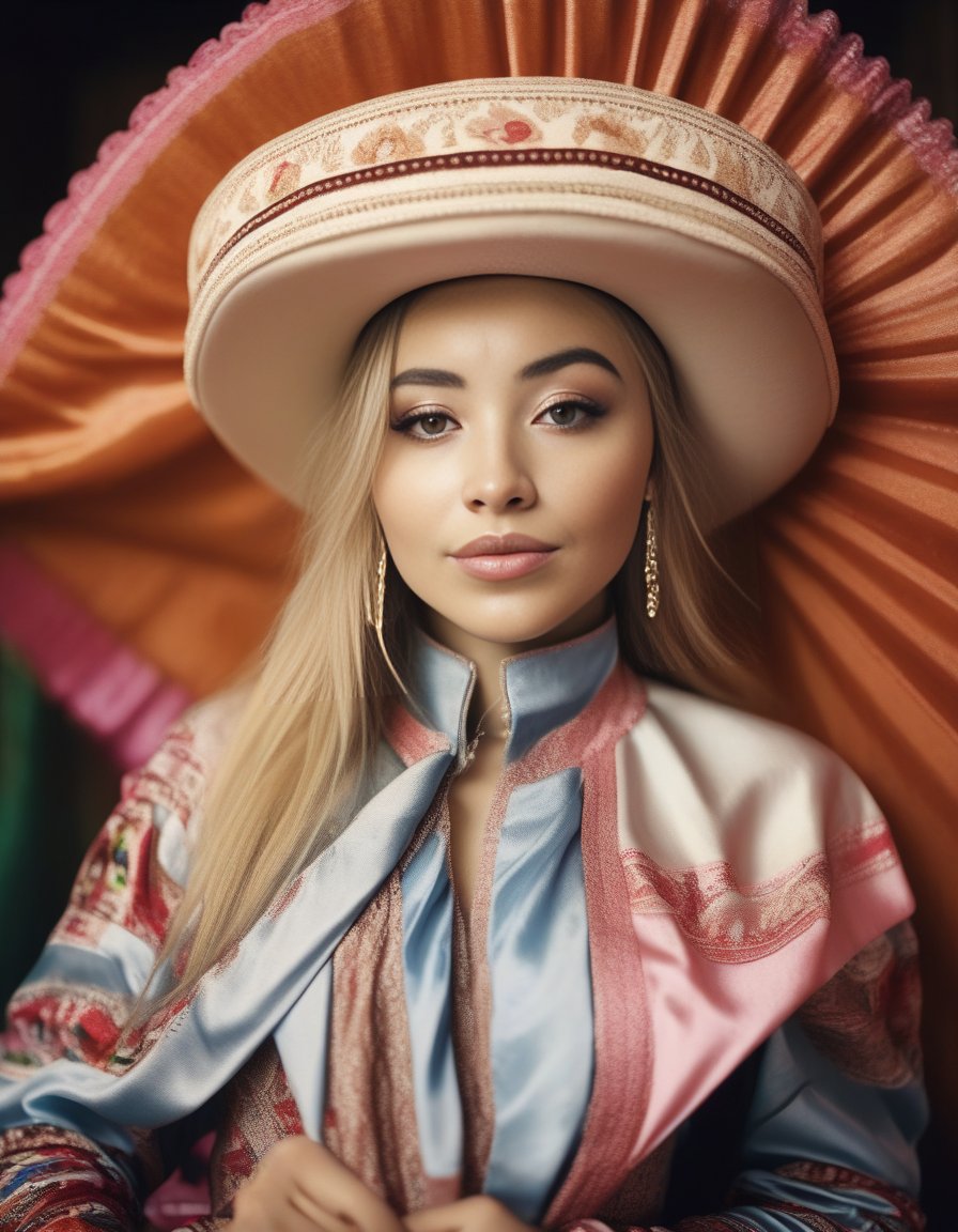 SabrinaCarpenter, photograph, Secret Burundian Female, wearing Albanian Mexican charro suit, inside a Satin Portal, deep focus, natural lighting, film grain, Sony A9 II, Depth of field 270mm, <lora:SabrinaCarpenterSDXL:1>