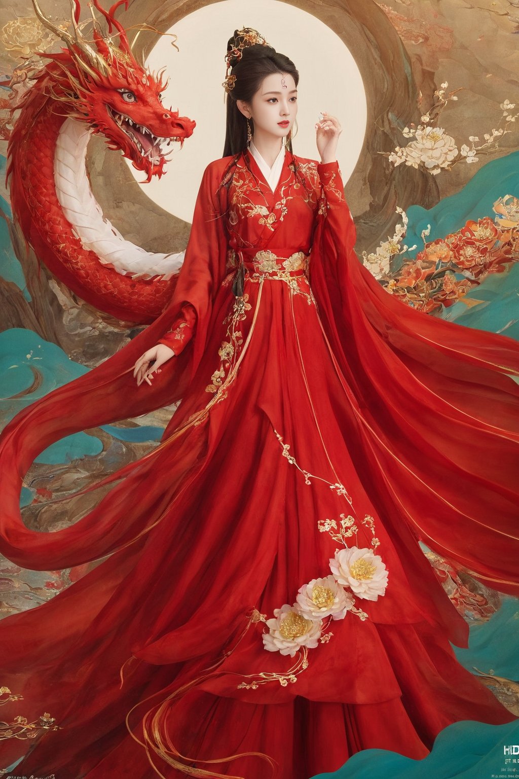 guofeng, 1girl, solo, long hair, hair ornament, long sleeves, dress, jewelry, standing, full body, flower, teeth, hair bun, red dress, from side, chinese clothes, single hair bun, dragon, eastern dragon, normal hands, 5 fingers per hand, Beautiful eyes, big eyes, HD details,