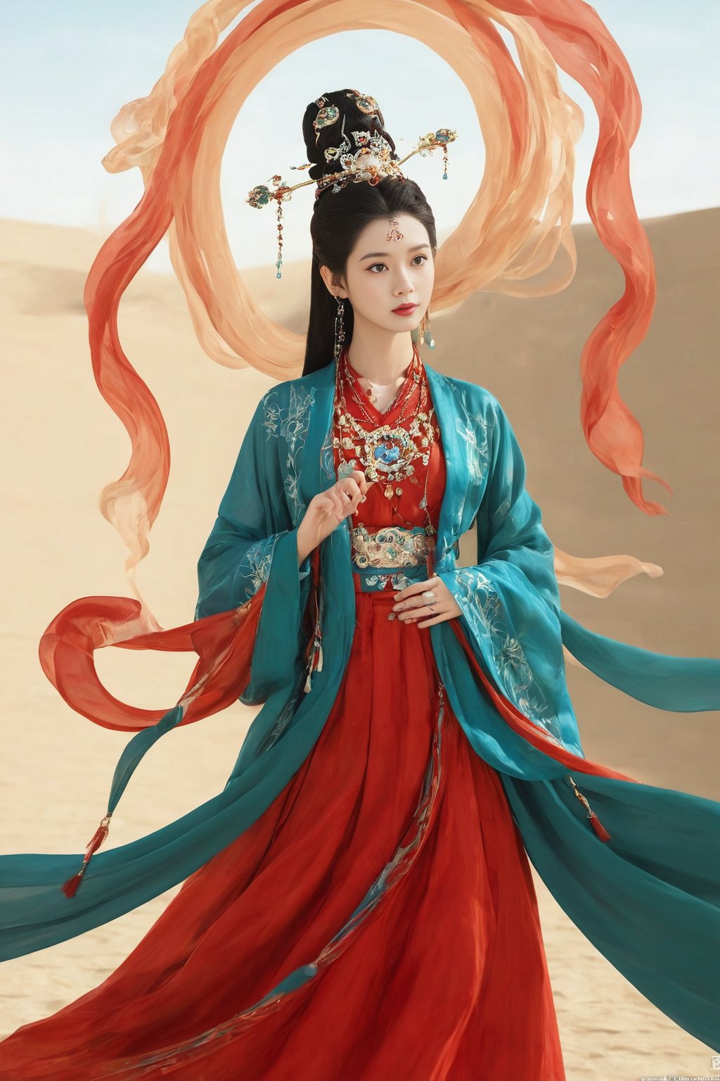 guofeng, 1girl, solo, looking at viewer, hair ornament, jewelry, upper body, red chinese clothes, fine art parody, dunhuang, Normal arms, normal hands, 5 fingers per hand, Beautiful eyes, big eyes, HD details,