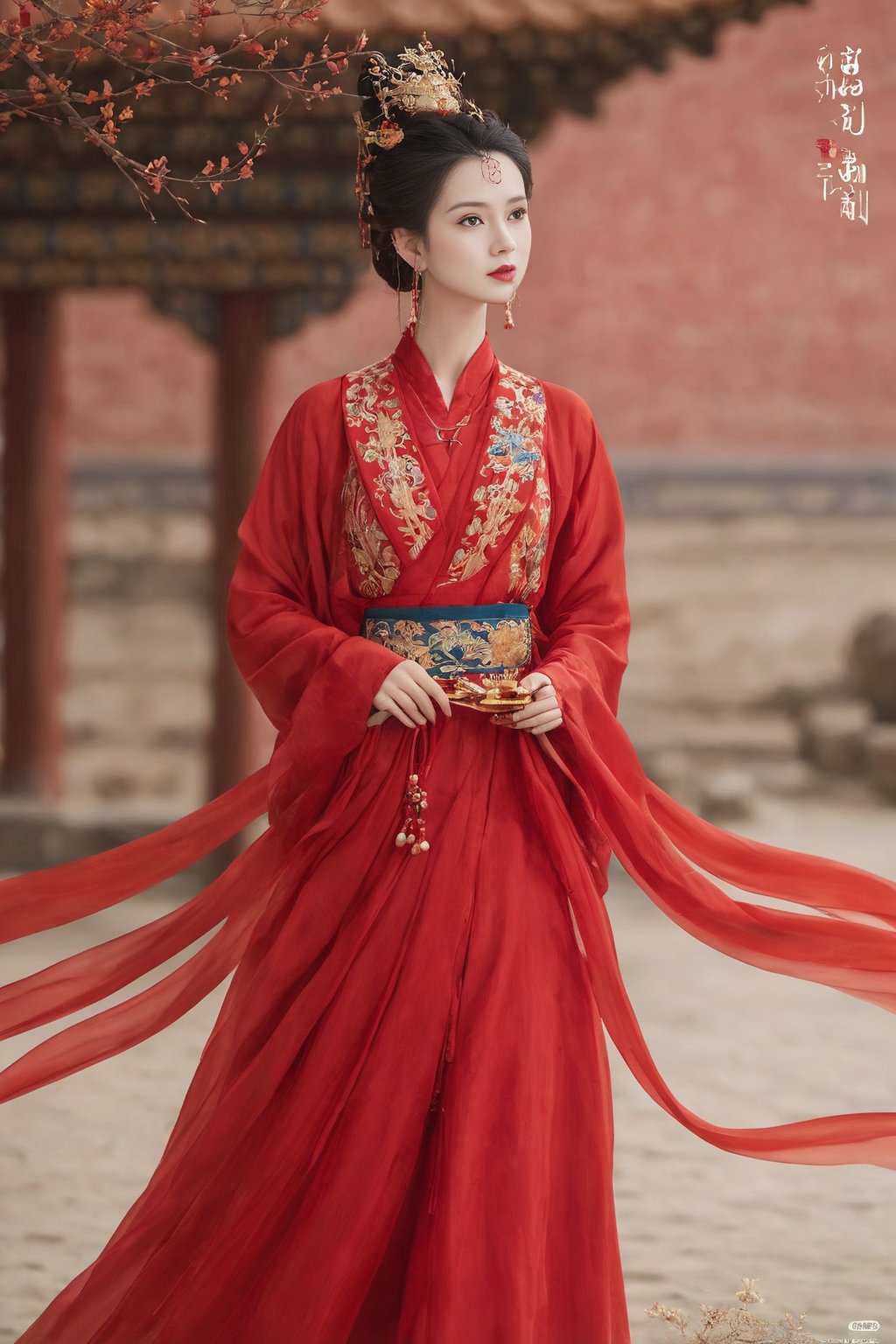 guofeng, 1girl, solo, looking at viewer, hair ornament, long sleeves, dress, jewelry, standing, earrings, necklace, hair bun, sash, facial mark, chinese clothes, red dress, single hair bun, forehead mark, realistic, red lips, hair stick, hanfu, normal hands, 5 fingers per hand, Beautiful eyes, big eyes, HD details,