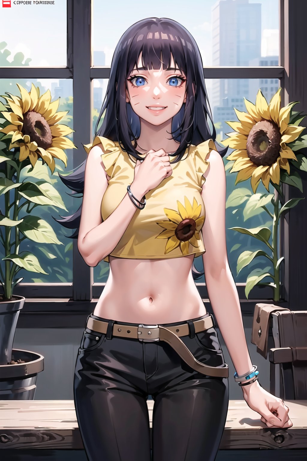 ((best quality)), ((highly detailed)), masterpiece, ((official art)), (Himawari, blunt bangs, facial mark), yellow shirt, flower, sleeveless, crop top, navel, jewelry, midriff, bracelet, sunflower, belt, black pants, looking at viewer, smile, (room), (window, indoors, plant) , intricately detailed, hyperdetailed, blurry background, depth of field, best quality, masterpiece, intricate details, tonemapping, sharp focus, hyper detailed, trending on Artstation, 1 girl, high res, official art,