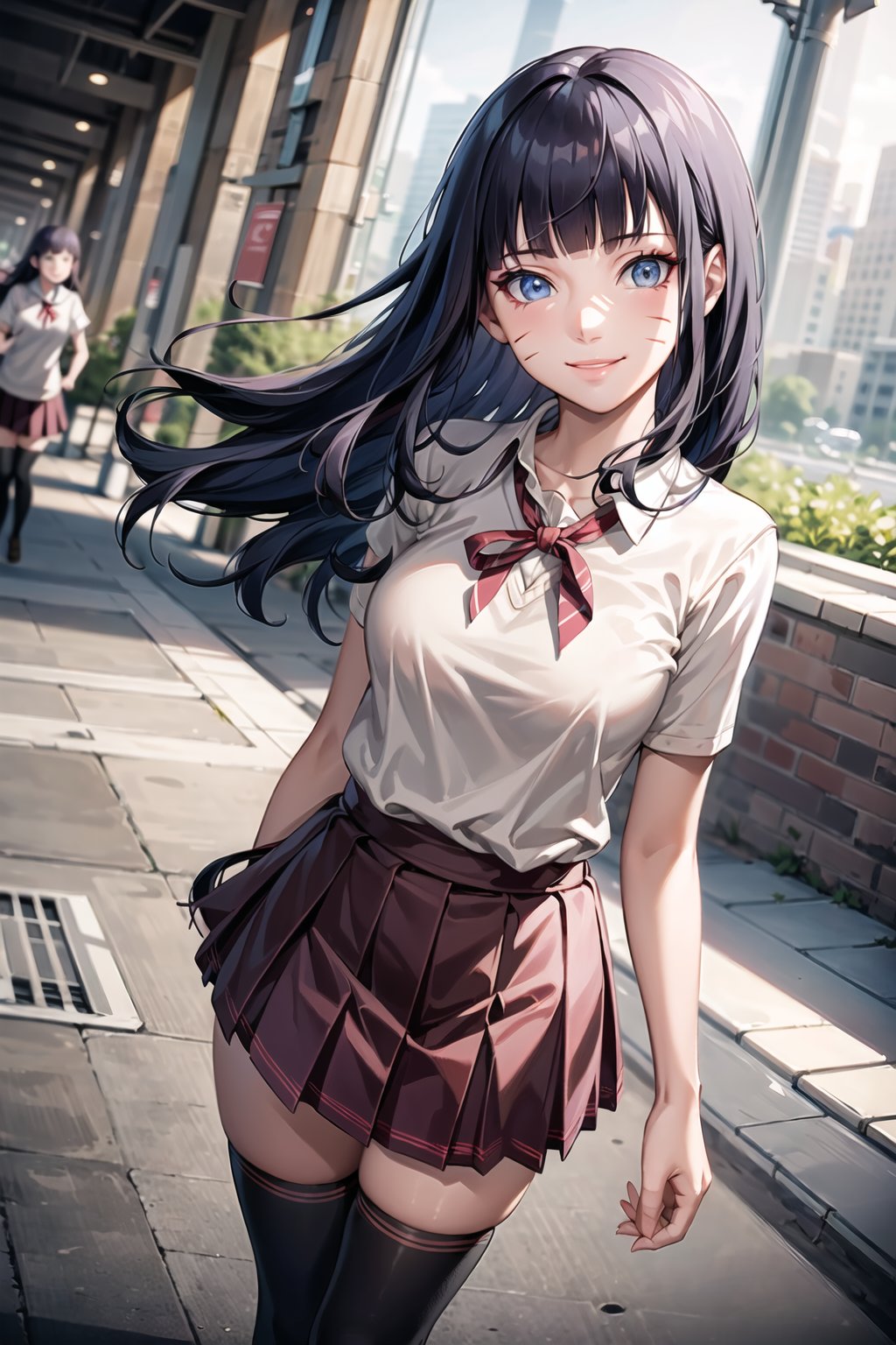 (best quality), (highly detailed), masterpiece, (official art),  (Himawari, blunt bangs, facial mark), smile, school uniform, pink sweater, zettai ryouiki, neck ribbon pleated skirt, black thighhighs ,looking at viewer,medium breasts,window, (intricately detailed, hyperdetailed), blurry background,depth of field, best quality, masterpiece, intricate details, tonemapping, sharp focus, hyper detailed, trending on Artstation,1 girl, solo,high res,official art,