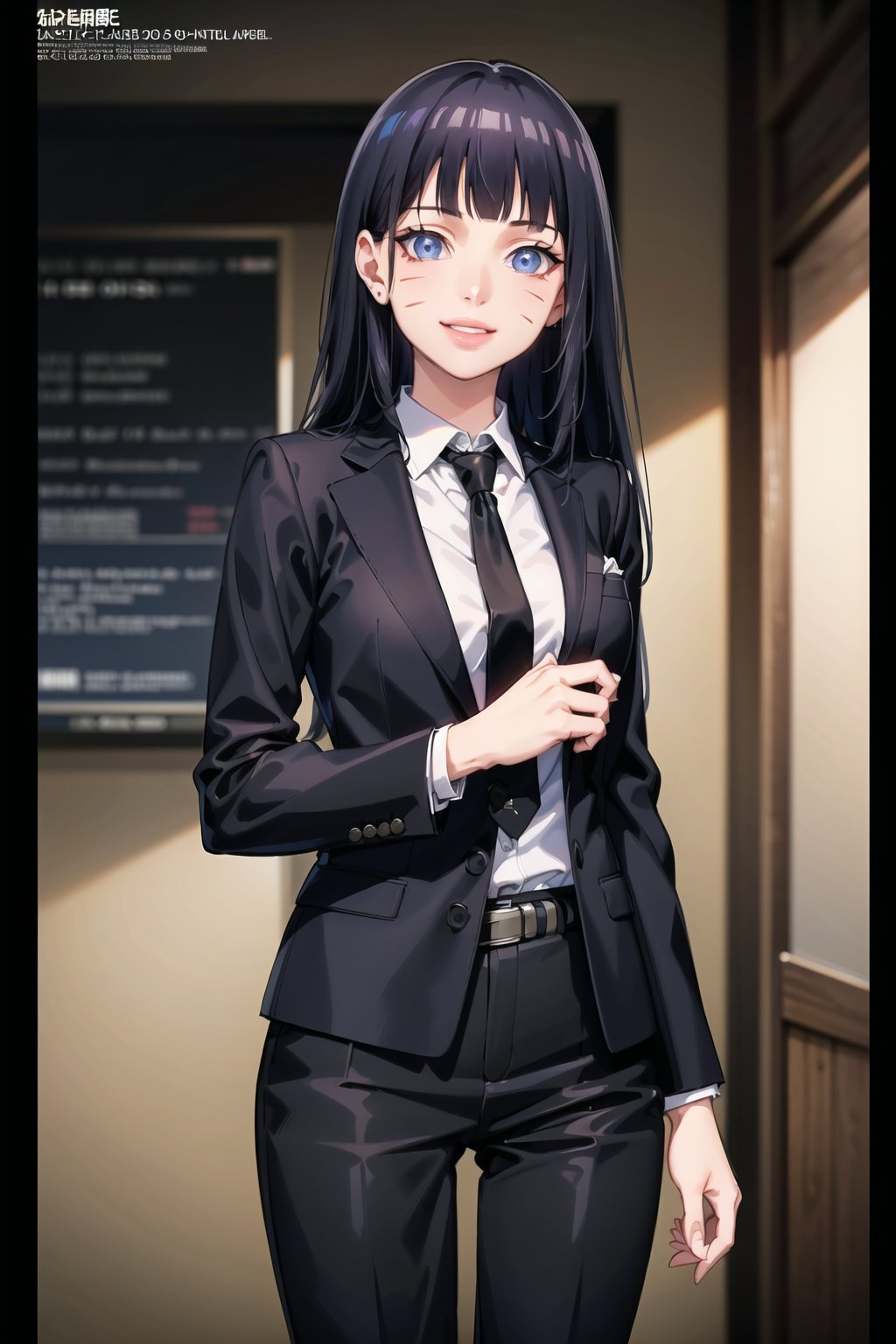 (best quality), (highly detailed), masterpiece, (official art),  ( Himawari, facial mark, blunt bangs),  lips, smile, necktie,  black jacket,(black suit), open suit, long sleeves, shirt tucked in,looking at viewer, shirt, black necktie, white shirt, medium breasts,window, formal, office lady,pants, black pants, black belt, business suit, suit,  (intricately detailed, hyperdetailed), blurry background,depth of field, best quality, masterpiece, intricate details, tonemapping, sharp focus, hyper detailed, trending on Artstation,1 girl, solo,high res,official art