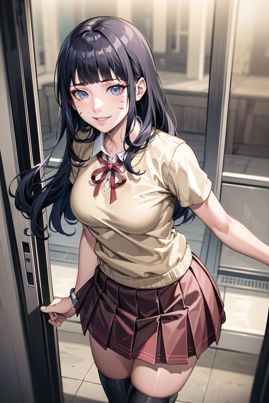 (best quality), (highly detailed), masterpiece, (official art),  (Himawari, blunt bangs, facial mark), smile, school uniform, pink sweater, zettai ryouiki, neck ribbon pleated skirt, black thighhighs ,looking at viewer,medium breasts,window, (intricately detailed, hyperdetailed), blurry background,depth of field, best quality, masterpiece, intricate details, tonemapping, sharp focus, hyper detailed, trending on Artstation,1 girl, solo,high res,official art,