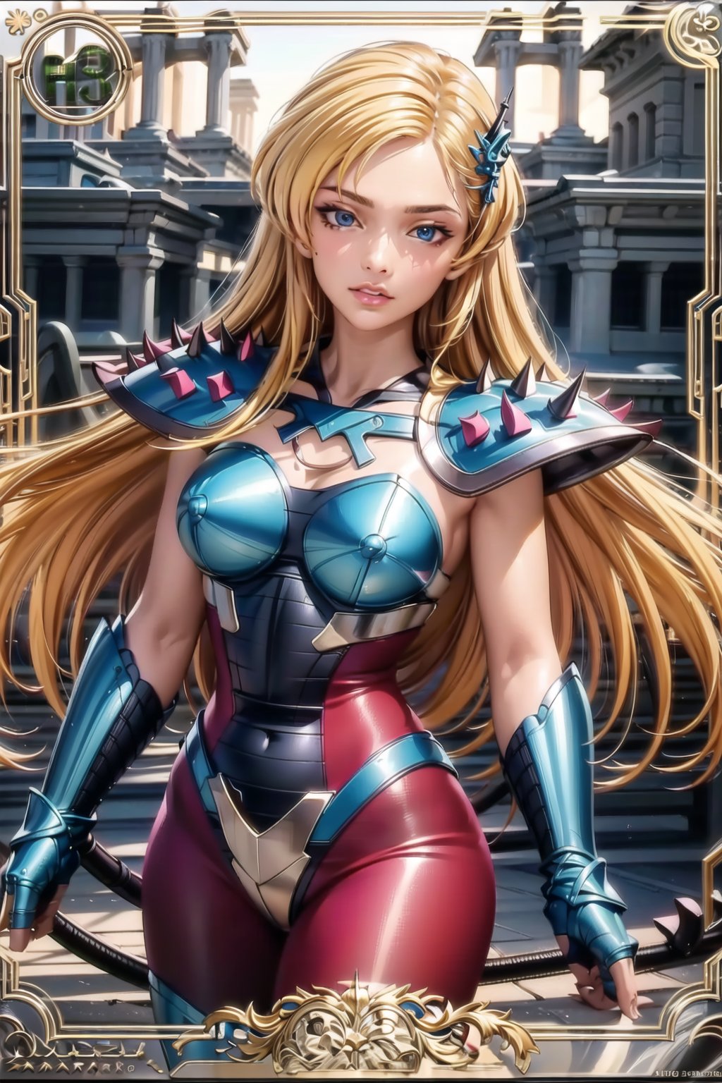 (best quality), (highly detailed), masterpiece, (official art), June Camaleon, blue eyes, lips, armor, bodysuit, shoulder armor, spikes, pauldrons, pink bodysuit ,medium breasts,window, outdoors, temple, (intricately detailed, hyperdetailed), blurry background,depth of field, best quality, masterpiece, intricate details, tonemapping, sharp focus, hyper detailed, trending on Artstation,1 girl, solo,high res,official art