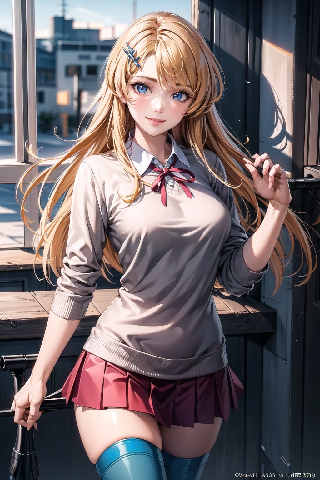 (best quality), (highly detailed), masterpiece, (official art),  (June Camaleon), smile, school uniform, pink sweater, zettai ryouiki, neck ribbon pleated skirt, black thighhighs ,looking at viewer,medium breasts,window, (intricately detailed, hyperdetailed), blurry background,depth of field, best quality, masterpiece, intricate details, tonemapping, sharp focus, hyper detailed, trending on Artstation,1 girl, solo,high res,official art