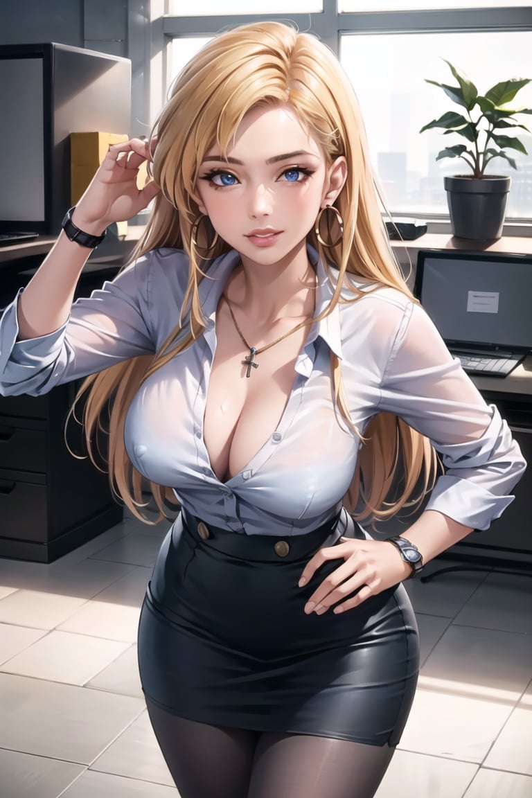 ((best quality)), ((highly detailed)), masterpiece, ((official art)), ( ,June Camaleon, blue eyes), (office:1.3), (window, indoors, plant), (seductive smile), (hoop earrings), (high-waist skirt:1.2), (black skirt), (collarbone, cleavage) , (lips:1.2), (narrow_waist:1.2) , wristwatch, skirt, solo, (cowboy shot:1.2), standing, pencil skirt, (leaning forward:1.3),(hands over desktop:1.3),(seductive pose:1.2) collared shirt, (office lady), (white shirt:1.2), (formal:1.1), shirt tucked in, (skirt suit), black pantyhose, dress shirt, intricately detailed, hyperdetailed, blurry background, depth of field, best quality, masterpiece, intricate details, tonemapping, sharp focus, hyper detailed, trending on Artstation, 1 girl, high res, official art