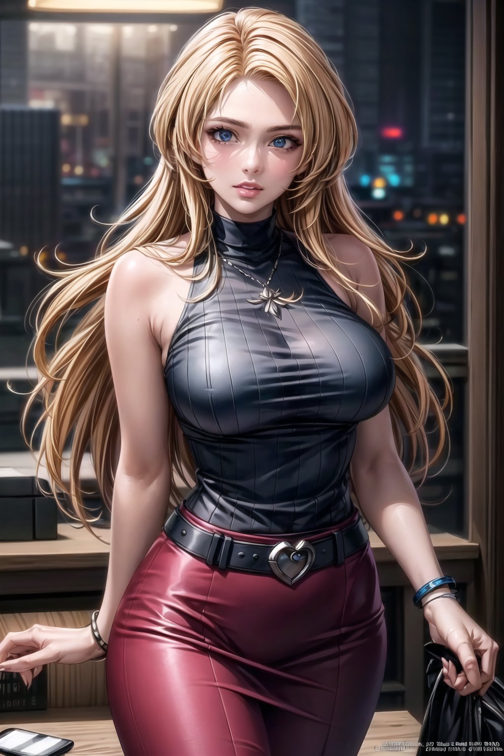 ((best quality)),  ((highly detailed)),  masterpiece,  ((official art)),  (June Camaleon, long hair, blue eyes), lips, sleeveless, bare shoulders, figure, turtleneck, black shirt, black pencil skirt, office, lady office, print skirt, floral print, high-waist skirt, shirt_tucked_in, building, bracelet, parted lips, cellphone picture, indoors, intricately detailed, hyperdetailed, blurry background, depth of field, best quality, masterpiece, intricate details, tonemapping, sharp focus, hyper detailed, trending on Artstation, 1 girl, high res, official art