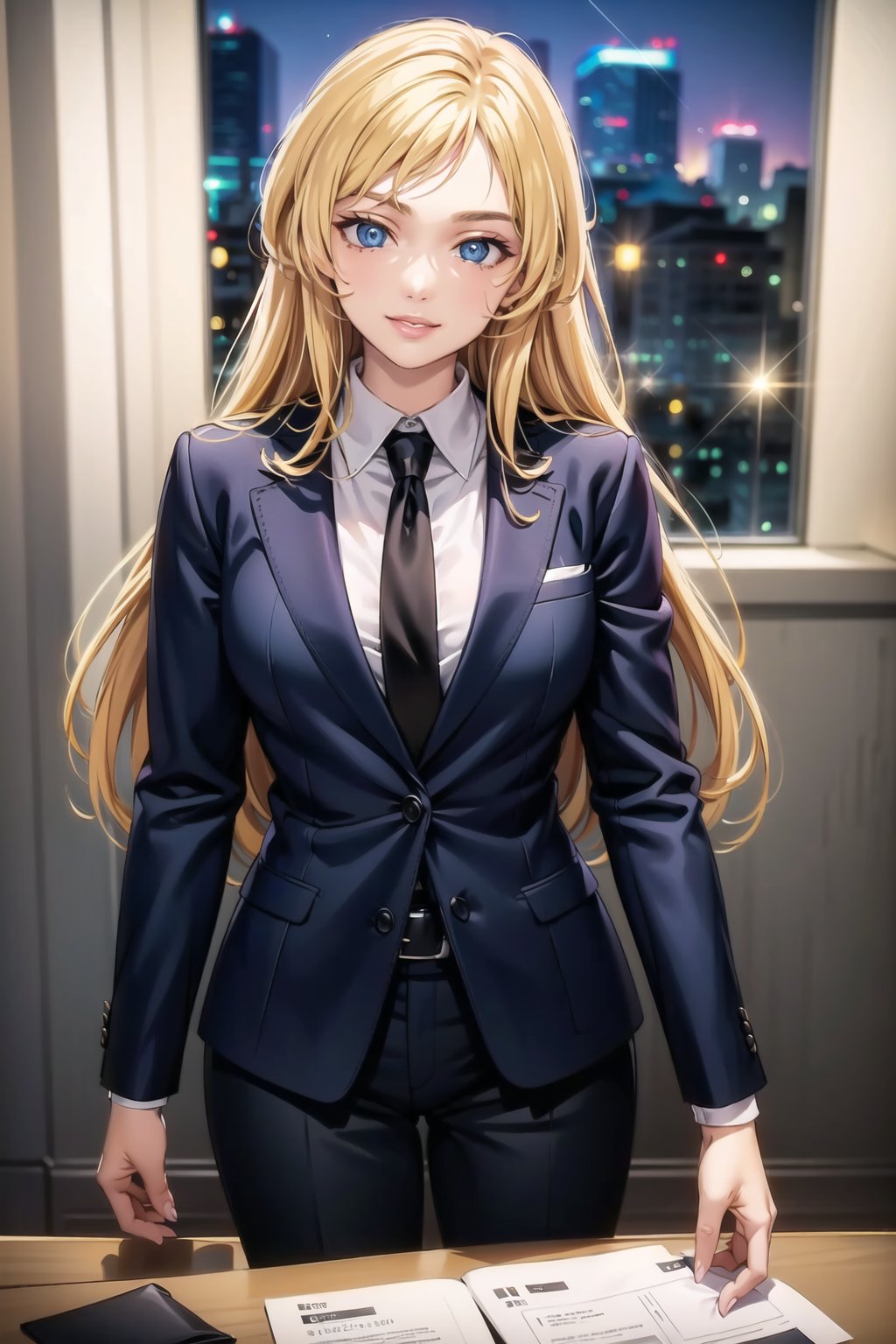 (best quality), (highly detailed), masterpiece, (official art),  (June Camaleon, blue eyed, long hair),  lips, smile, necktie,  black jacket,(black suit), open suit, long sleeves, shirt tucked in,looking at viewer, shirt, black necktie, white shirt, medium breasts,window, formal, office lady,pants, black pants, black belt, business suit, suit,  (intricately detailed, hyperdetailed), blurry background,depth of field, best quality, masterpiece, intricate details, tonemapping, sharp focus, hyper detailed, trending on Artstation,1 girl, solo,high res,official art,