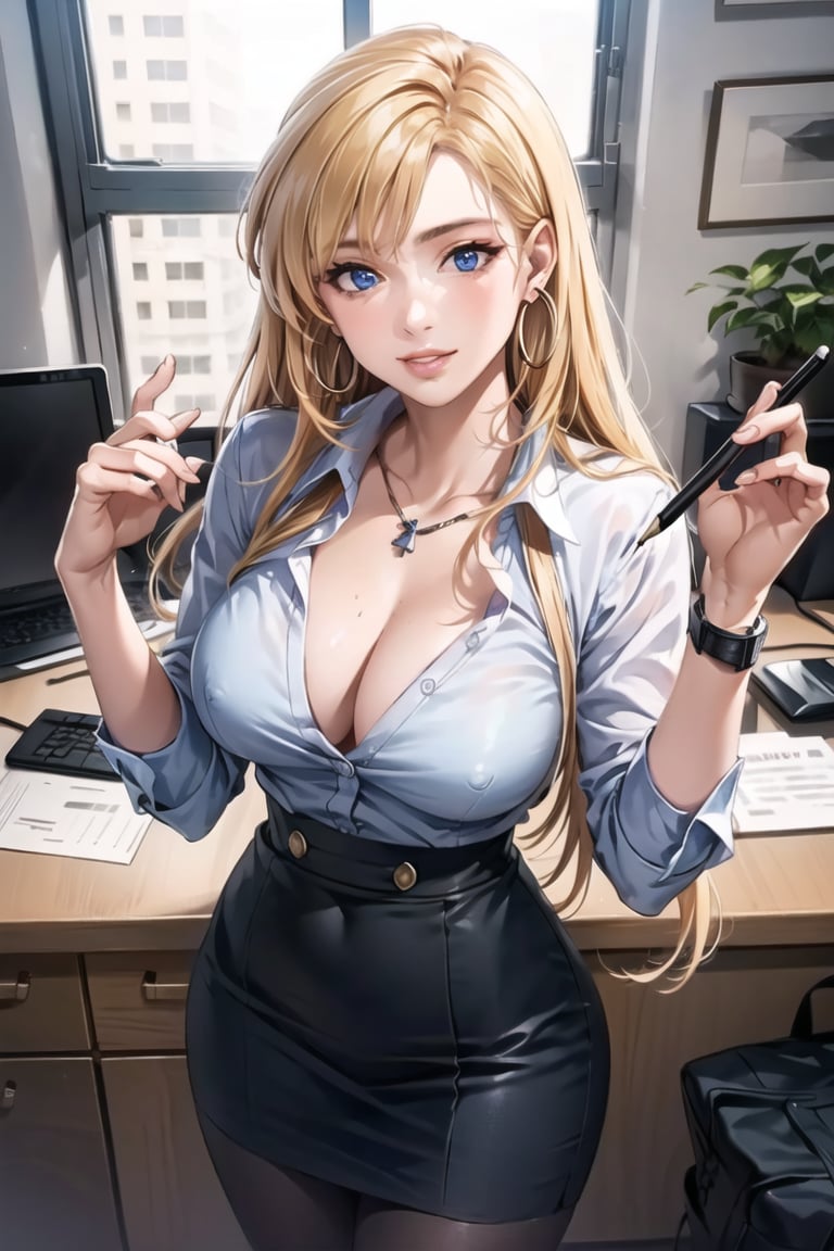 ((best quality)), ((highly detailed)), masterpiece, ((official art)), ( ,June Camaleon, blue eyes, long hair, blonde hair), (office:1.3), (window, indoors, plant), (seductive smile), (hoop earrings), (high-waist skirt:1.2), (black skirt), (collarbone, cleavage) , (lips:1.2), (narrow_waist:1.2) , wristwatch, skirt, solo, (cowboy shot:1.2), standing, pencil skirt, (hands over desktop:1.1),(seductive pose) collared shirt, (office lady), (white shirt:1.2), (formal:1.1), shirt tucked in, (skirt suit), black pantyhose, dress shirt, intricately detailed, hyperdetailed, blurry background, depth of field, best quality, masterpiece, intricate details, tonemapping, sharp focus, hyper detailed, trending on Artstation, 1 girl, high res, official art