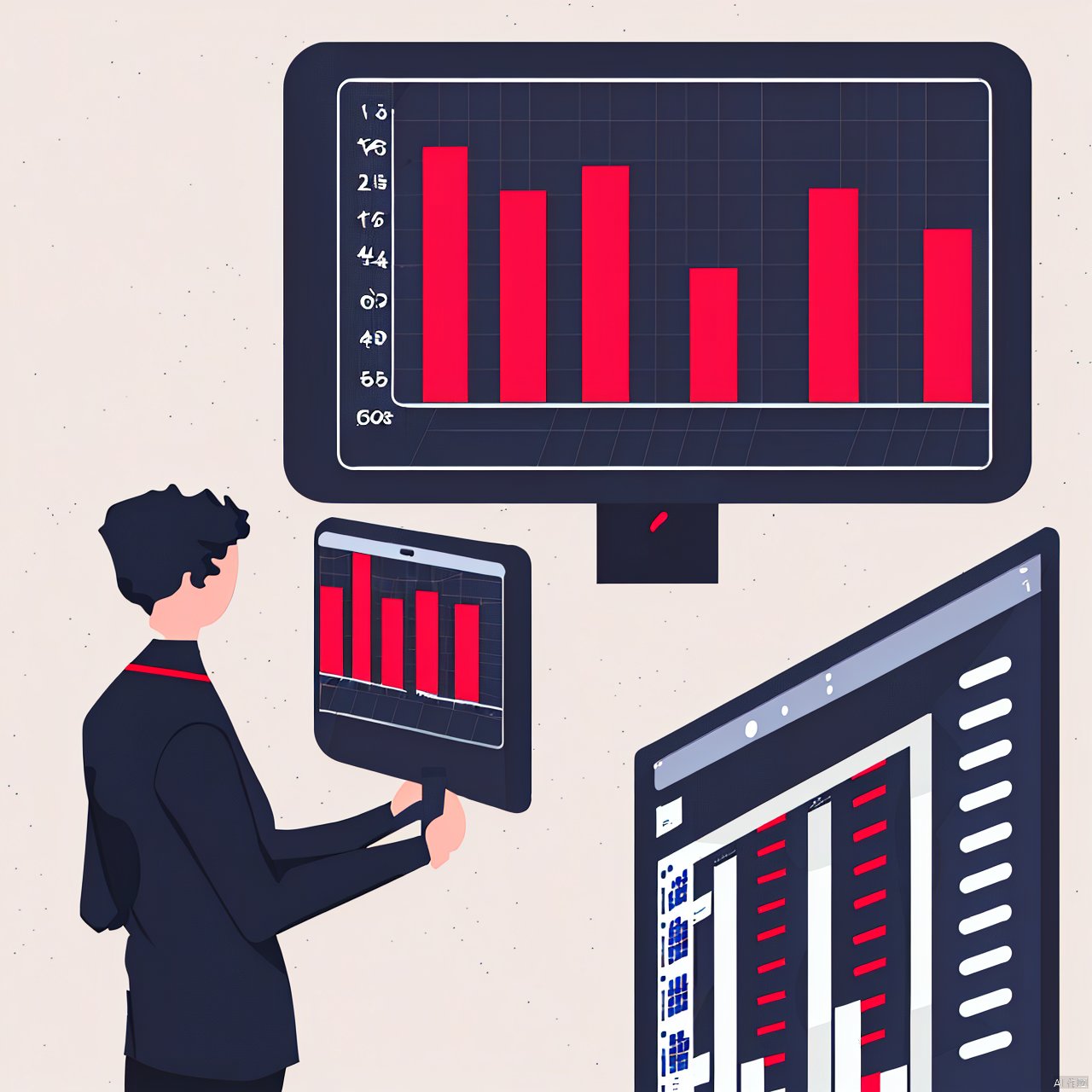 yxch, yxch business,A boy is holding a mobile phone, behind which is a drawing board with data charts on it.