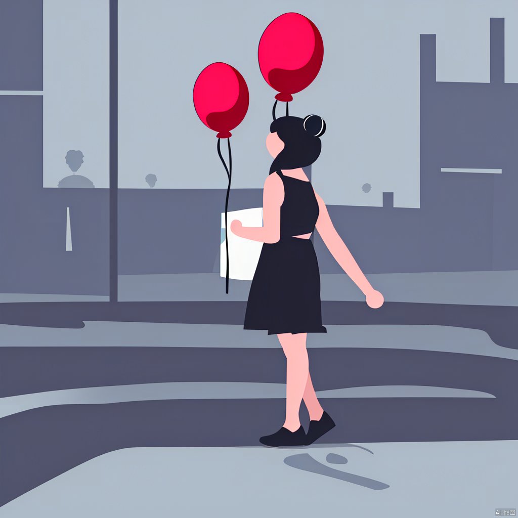 yxch, yxch business,business illustration,1girl, white background, sleeveless, walking, skirt, from side, shoes, hair bun, simple background, single hair bun, shirt, black footwear, sleeveless shirt, red shirt, black hair, black skirt, no lineart, full body, pink shirt, holding, balloon, standing, solo, shadow, bare arms, wide shot, profile, long skirt, smile, holding balloon, black eyes, Feeling happy, 