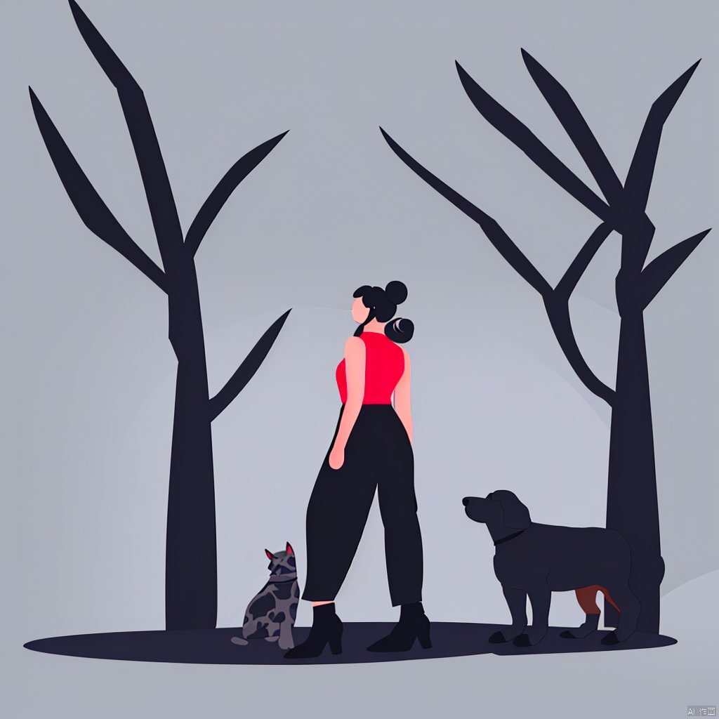 yxch, yxch business, 1girl, sleeveless, sleeveless shirt, wide shot, black footwear, white background, pants, shirt, flower, red shirt, black pants, hair bun, high heels, standing, single hair bun, black hair, cat, simple background, solo, shoes, facing away, bare shoulders, plant, animal, full body, from behind, shirt tucked in, bare arms, shadow, dog, pink shirt, no lineart, black cat, Good doggy, 