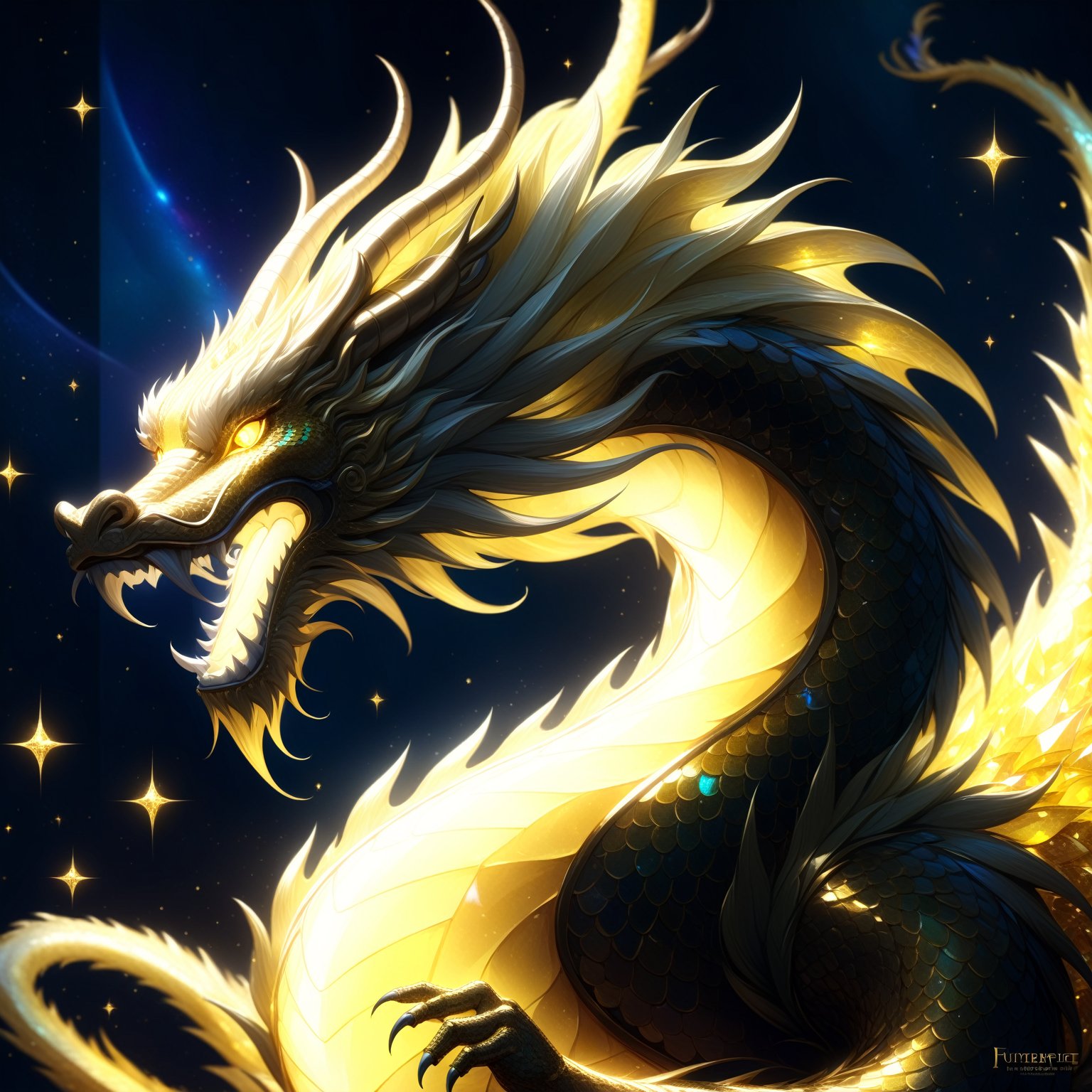 Chinese dragon made entirely of yellow crystal, shimmering and glowing, intricate yellow crystal texture, majestic and vibrant, radiant yellow hues, sparkling with light, by FuturEvoLab, (masterpiece: 2), best quality, ultra highres, original, extremely detailed, perfect lighting, fantasy theme, magical aura