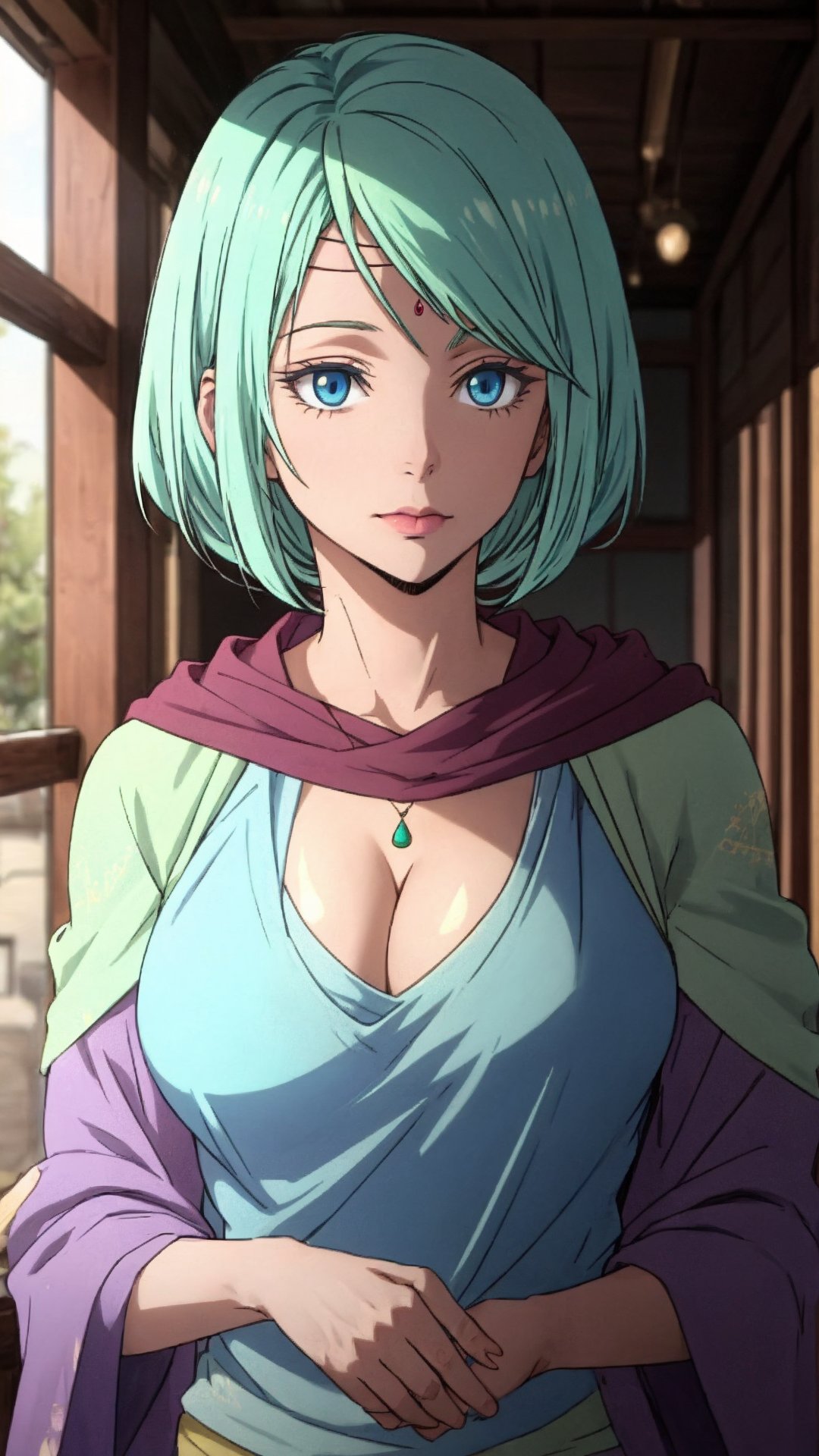 Mjurran,  MYURAN,  Blue Eyes,  Cyan Hair,  Short Hair,  Big Breasts,  Cleavage,<lora:EMS-267949-EMS:0.600000>